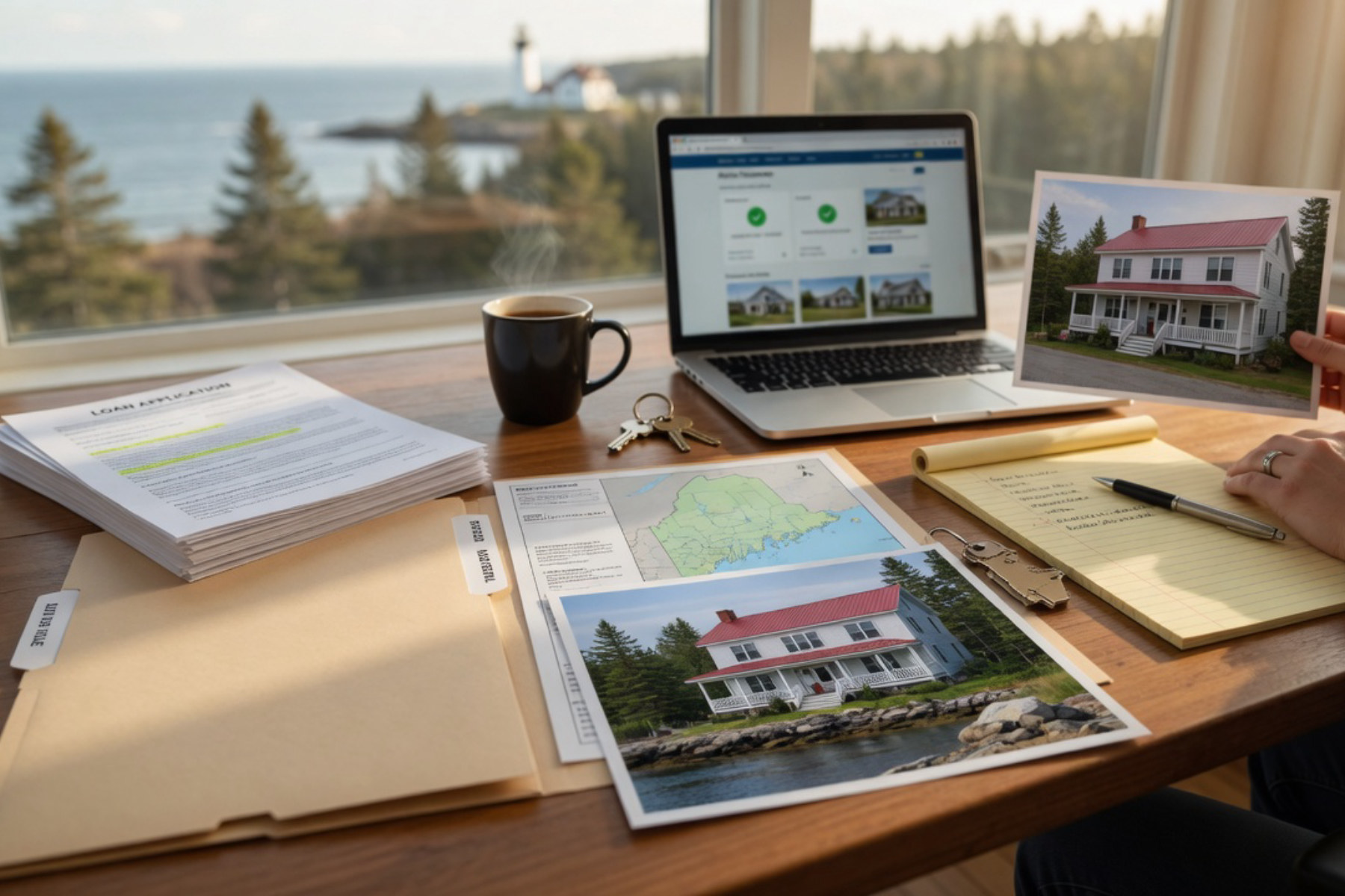 A person reviews property documents and financial paperwork at a wooden desk in warm natural light.