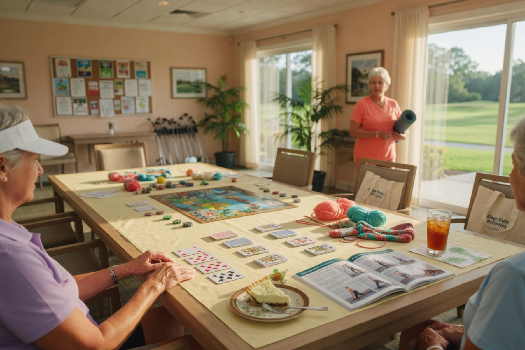 A group of residents in a bright activity room participate in a card game together at a table.