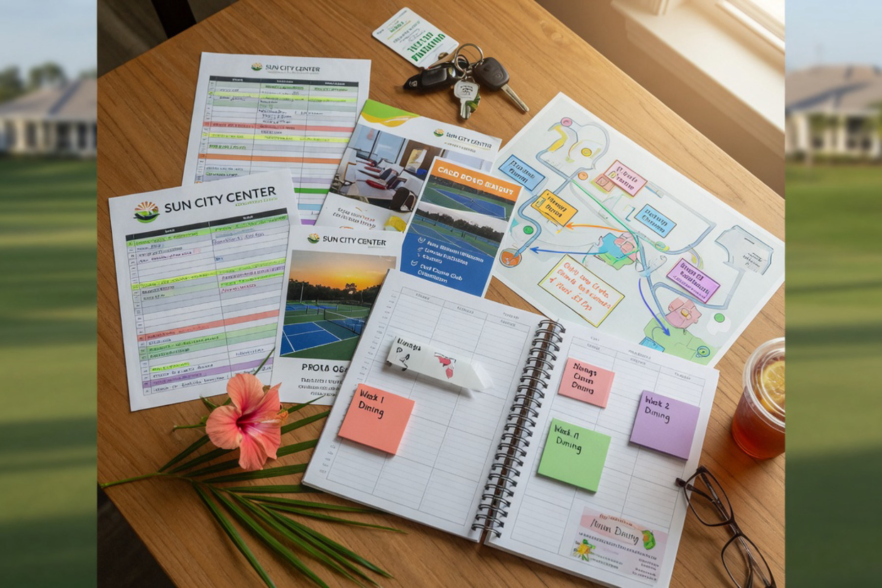 A woman reviews a calendar and checklist while seated at a bright dining table with fresh flowers and morning coffee.