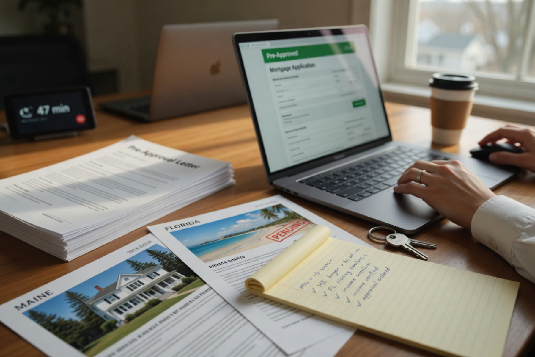 A person's hand holding a pen hovers over a mortgage application document on a desk in warm natural light.
