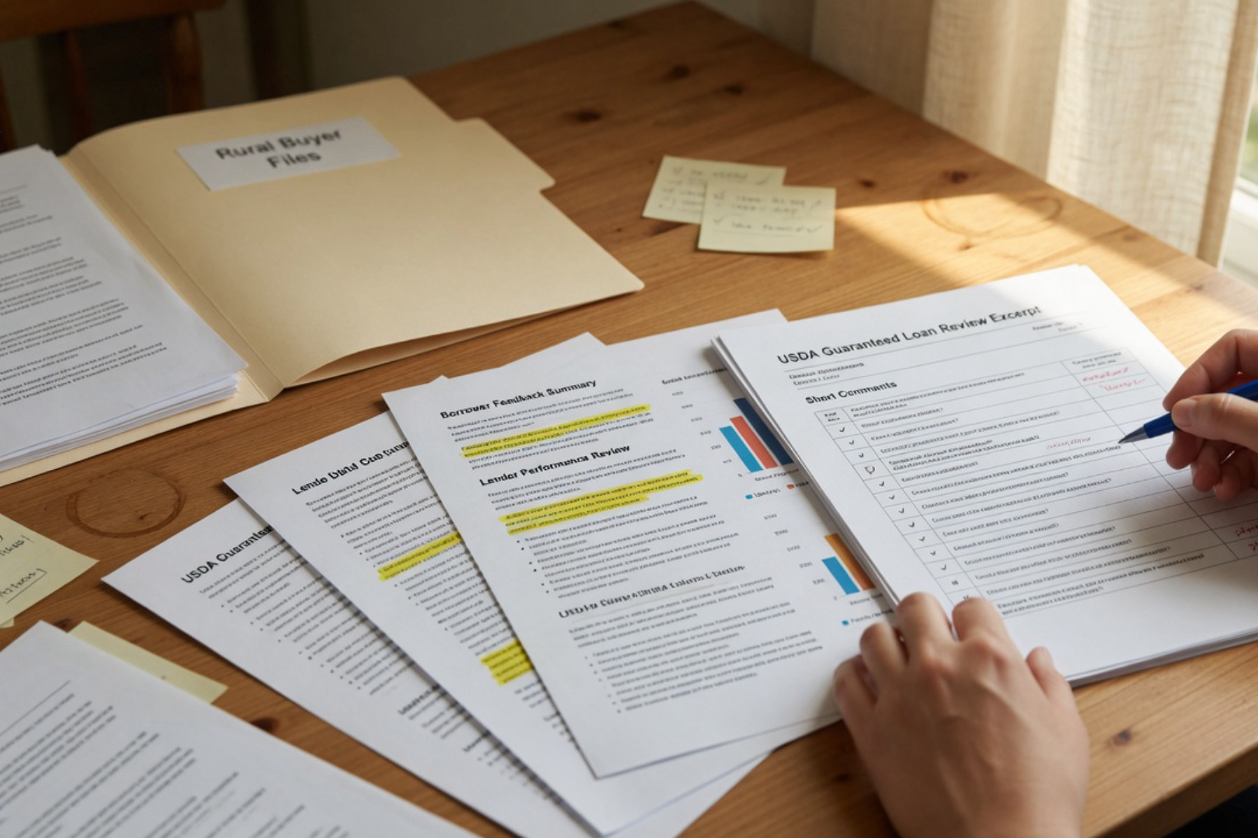 A hand holding a document while reviewing it at a wooden desk with natural sunlight streaming across the surface.