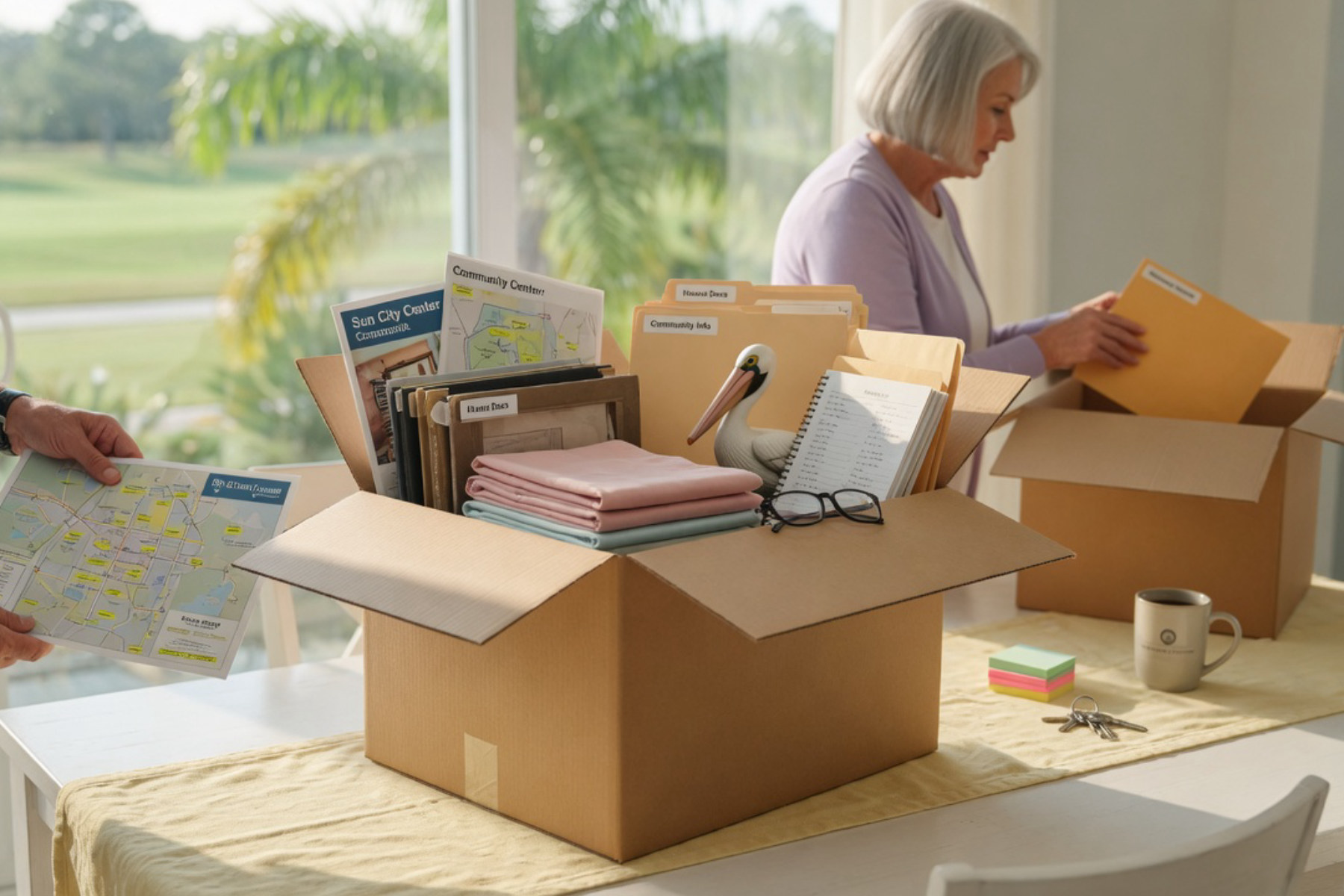 A senior woman reviews documents with a financial advisor at a bright wooden table in a warm sunlit room.