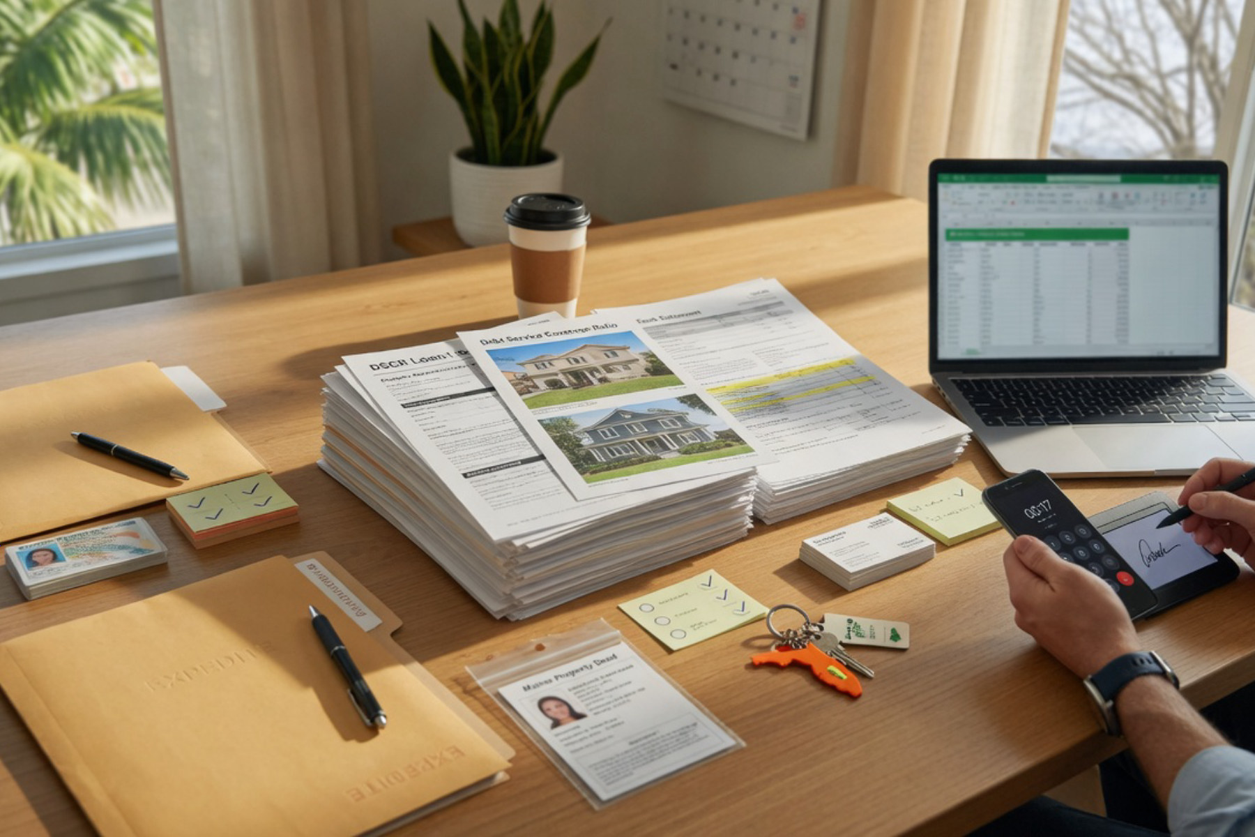 A person in business attire reviews financial documents at a desk illuminated by warm natural light.