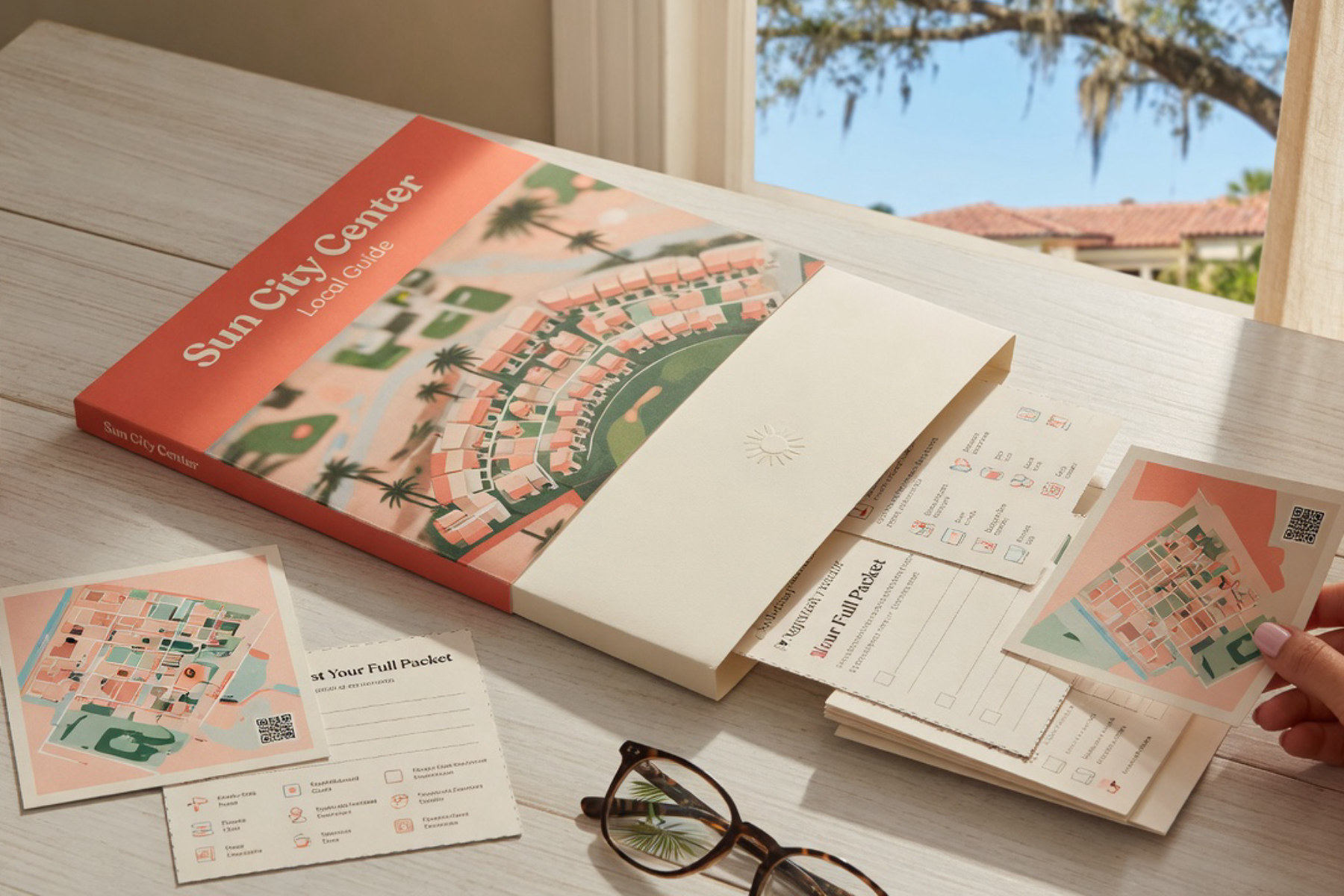A printed guide sits on a wooden table bathed in warm sunlight with a pen and coffee cup nearby.