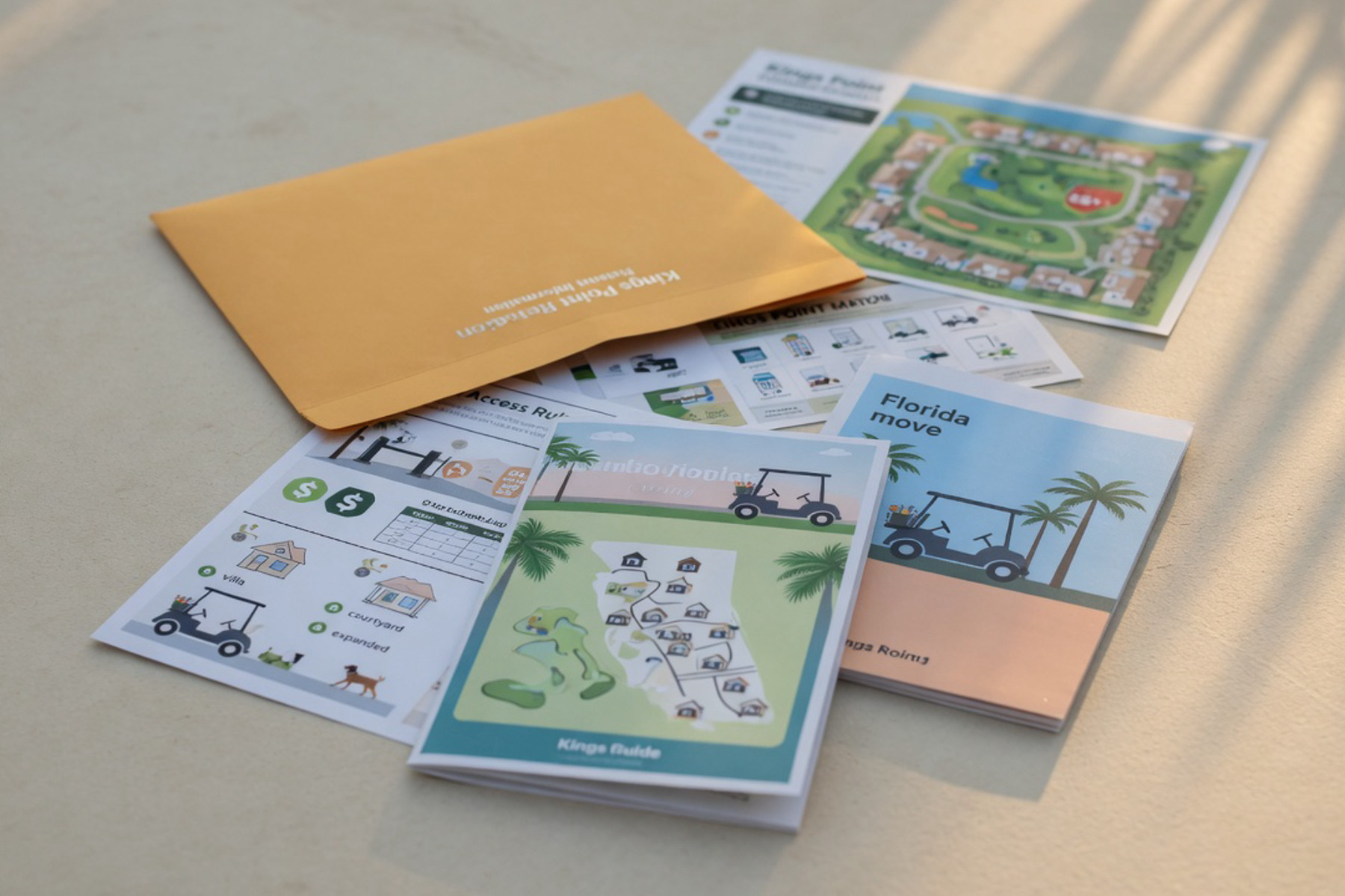 A organized desk displays a local community information guide and brochure next to a generic moving packet under warm natural light.