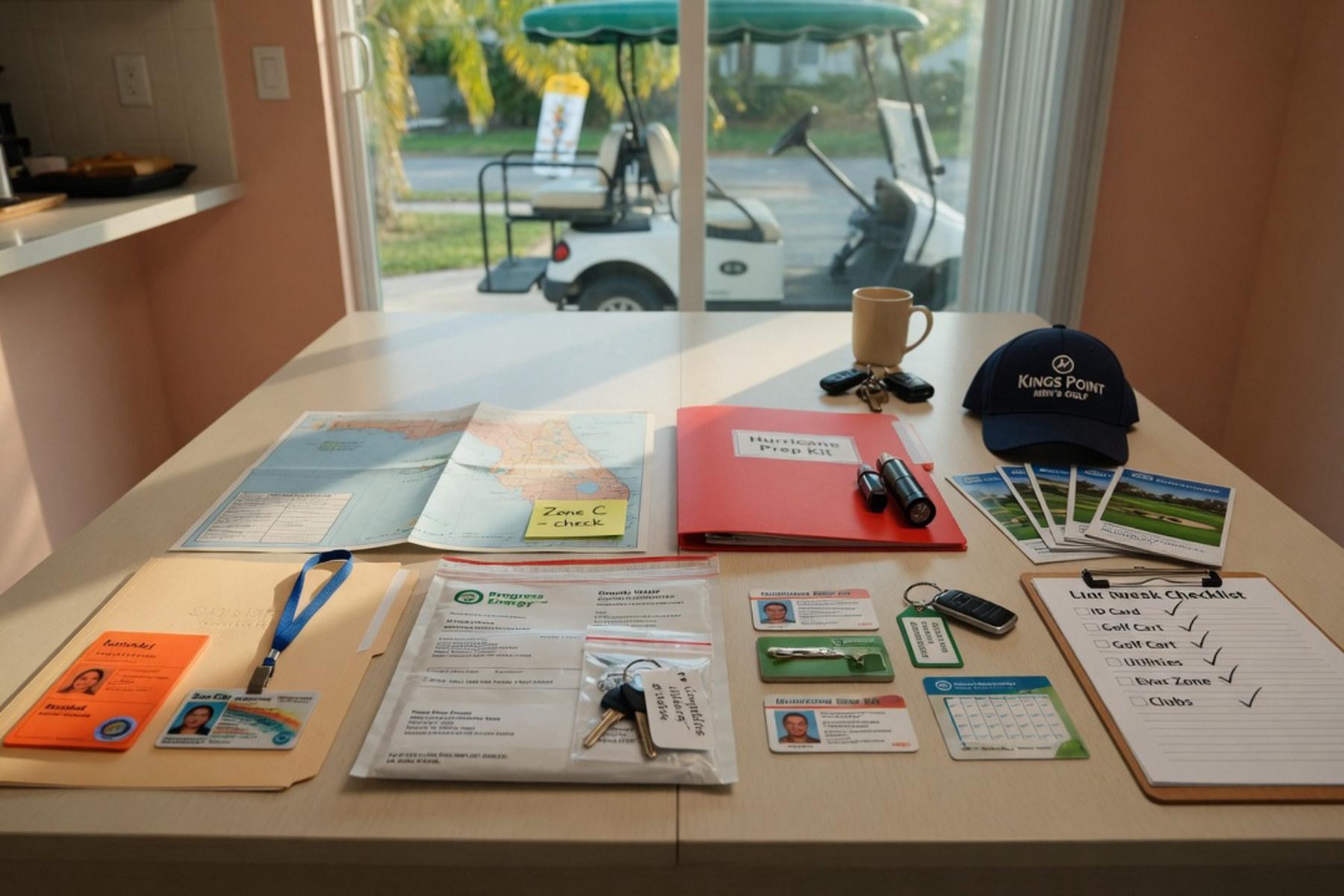 A checklist layout displaying an ID card and golf cart key alongside utility papers and club membership materials arranged on a bright wooden surface.