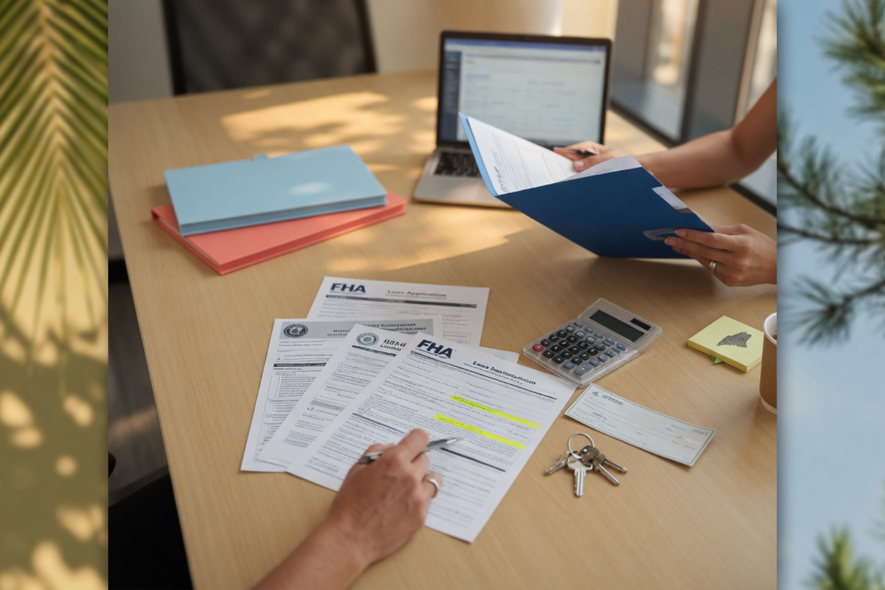 A broker and homebuyer review mortgage documents together at a desk in warm natural light.
