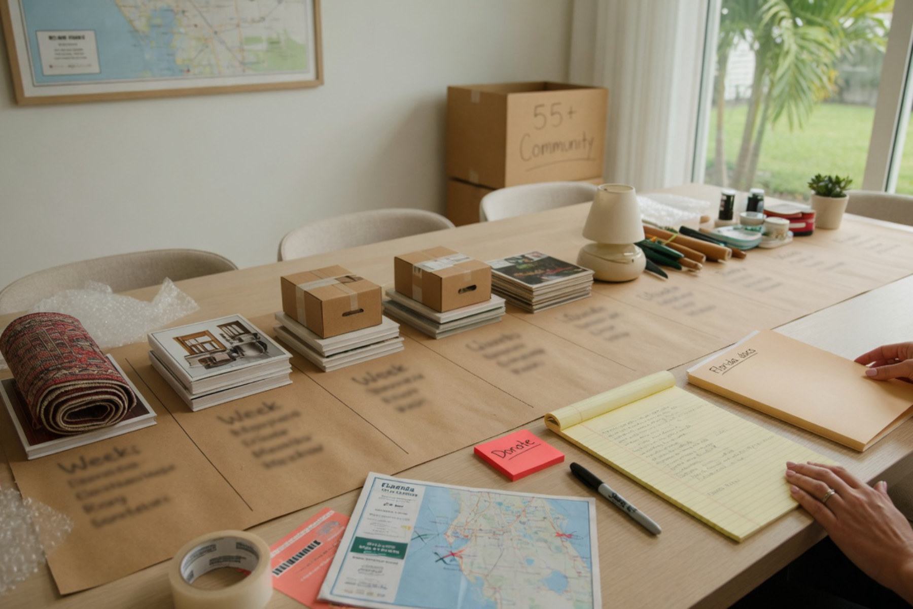 A woman sorts through belongings in a bright home while packing boxes for relocation.