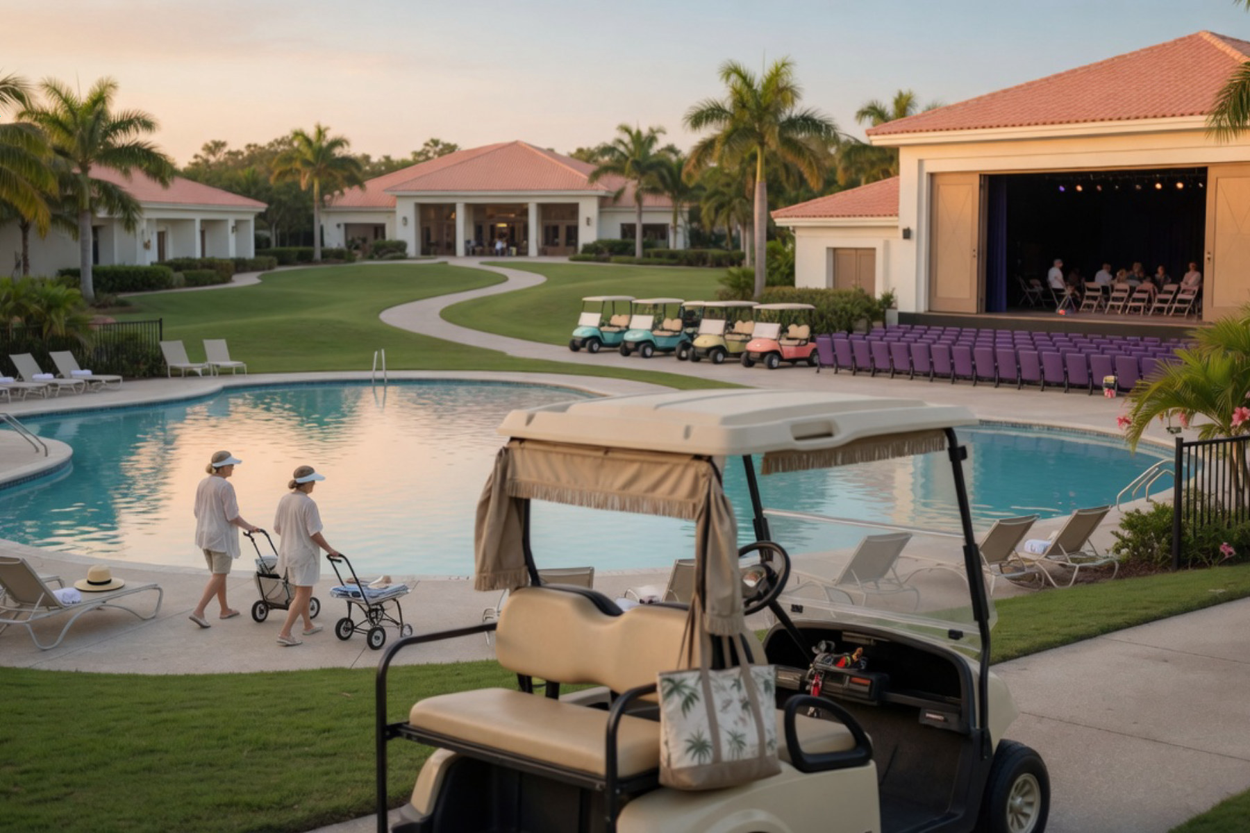 A golf cart parked near a bright swimming pool with palm trees and residential buildings visible in the afternoon sunlight.