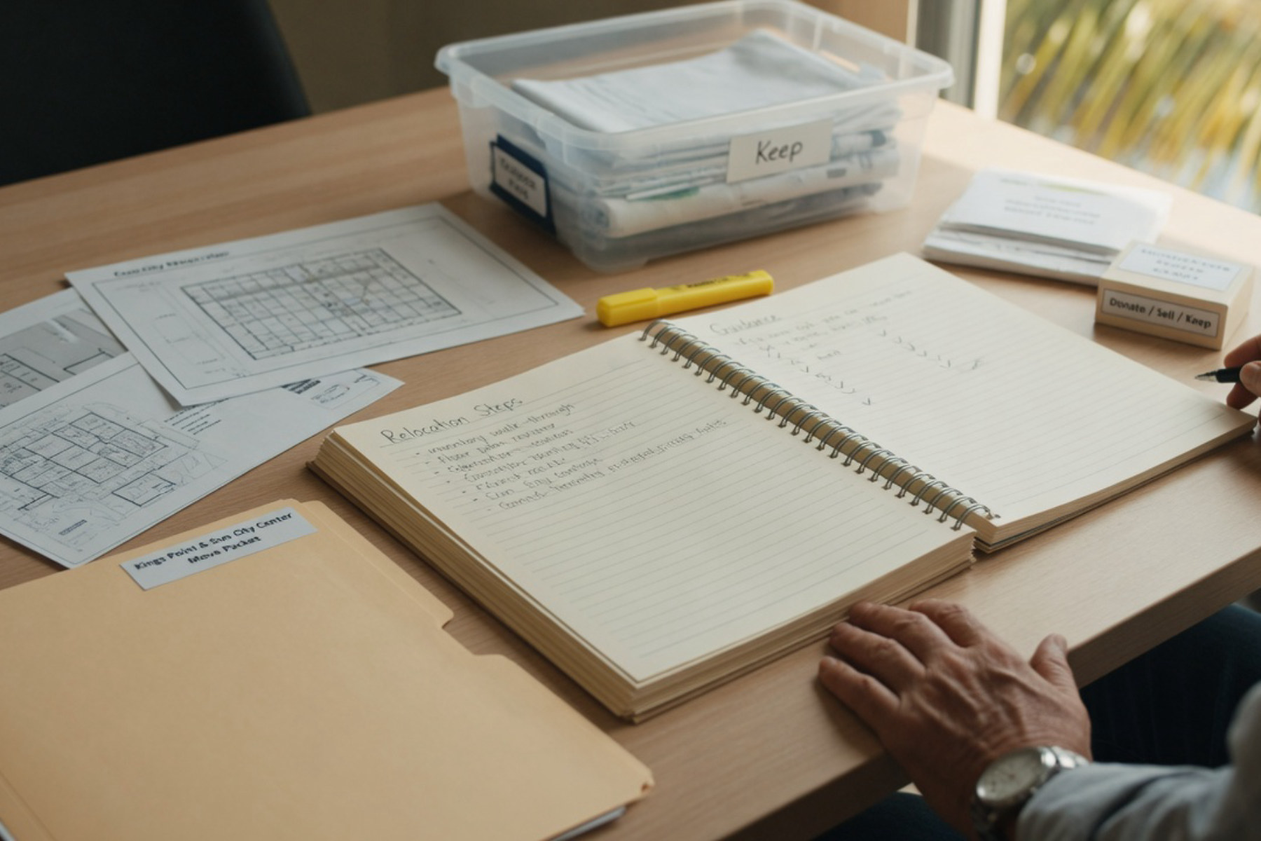 A senior woman reviews moving boxes and documents at a table in natural sunlight.