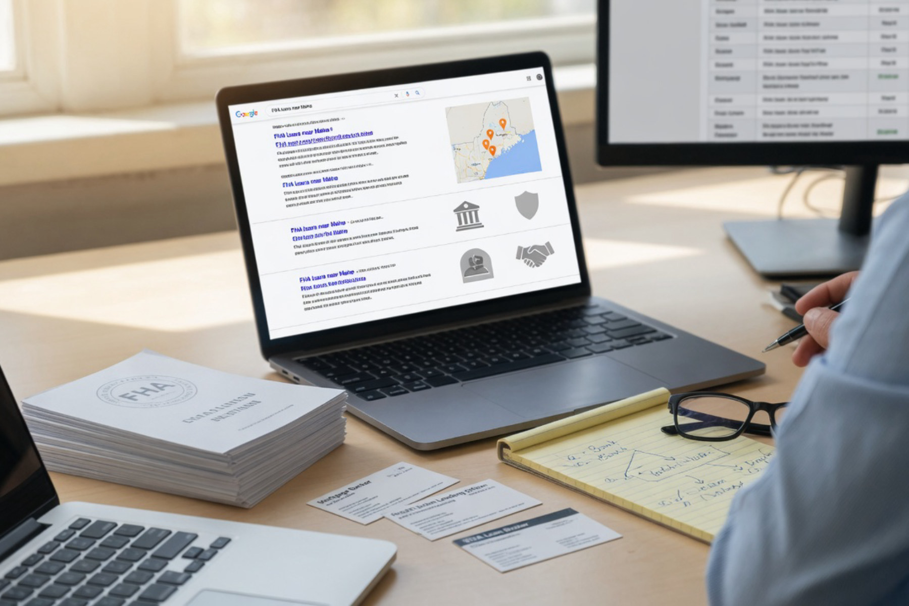 A person reviews financial documents and a laptop displaying loan information at a wooden desk bathed in warm natural light.