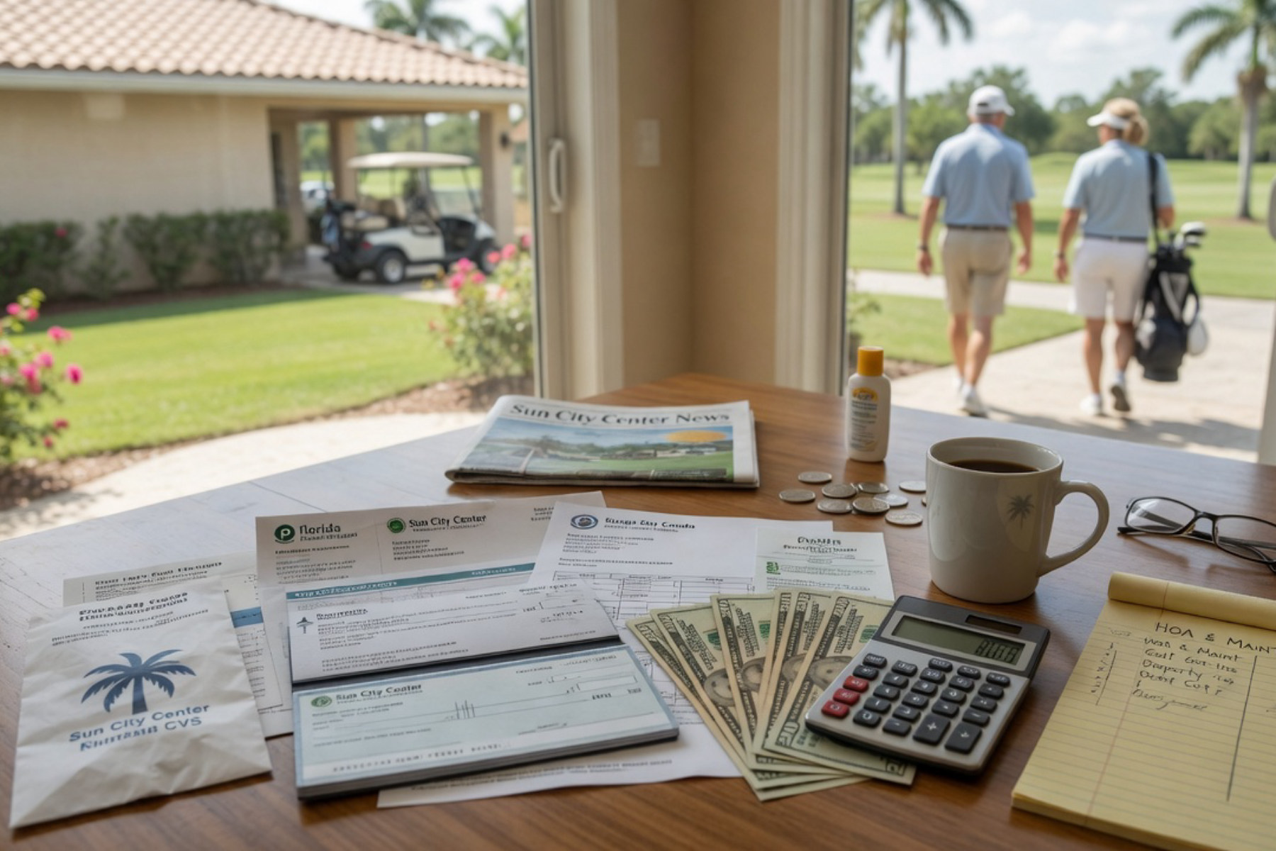 A retired couple reviews financial documents and a calculator at their kitchen table in natural sunlight.
