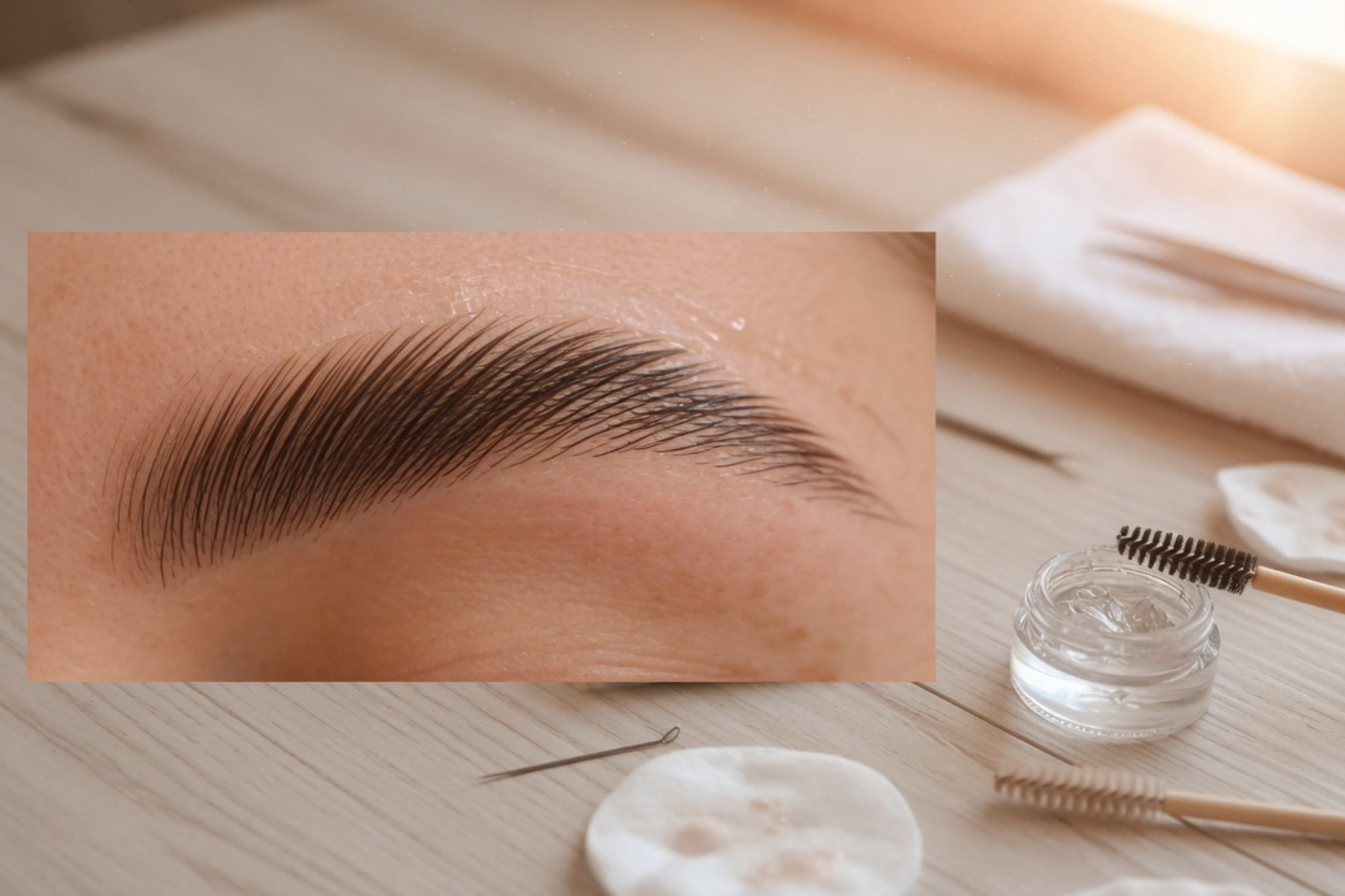 A person with laminated eyebrows receives a cosmetic treatment application under warm studio lighting.