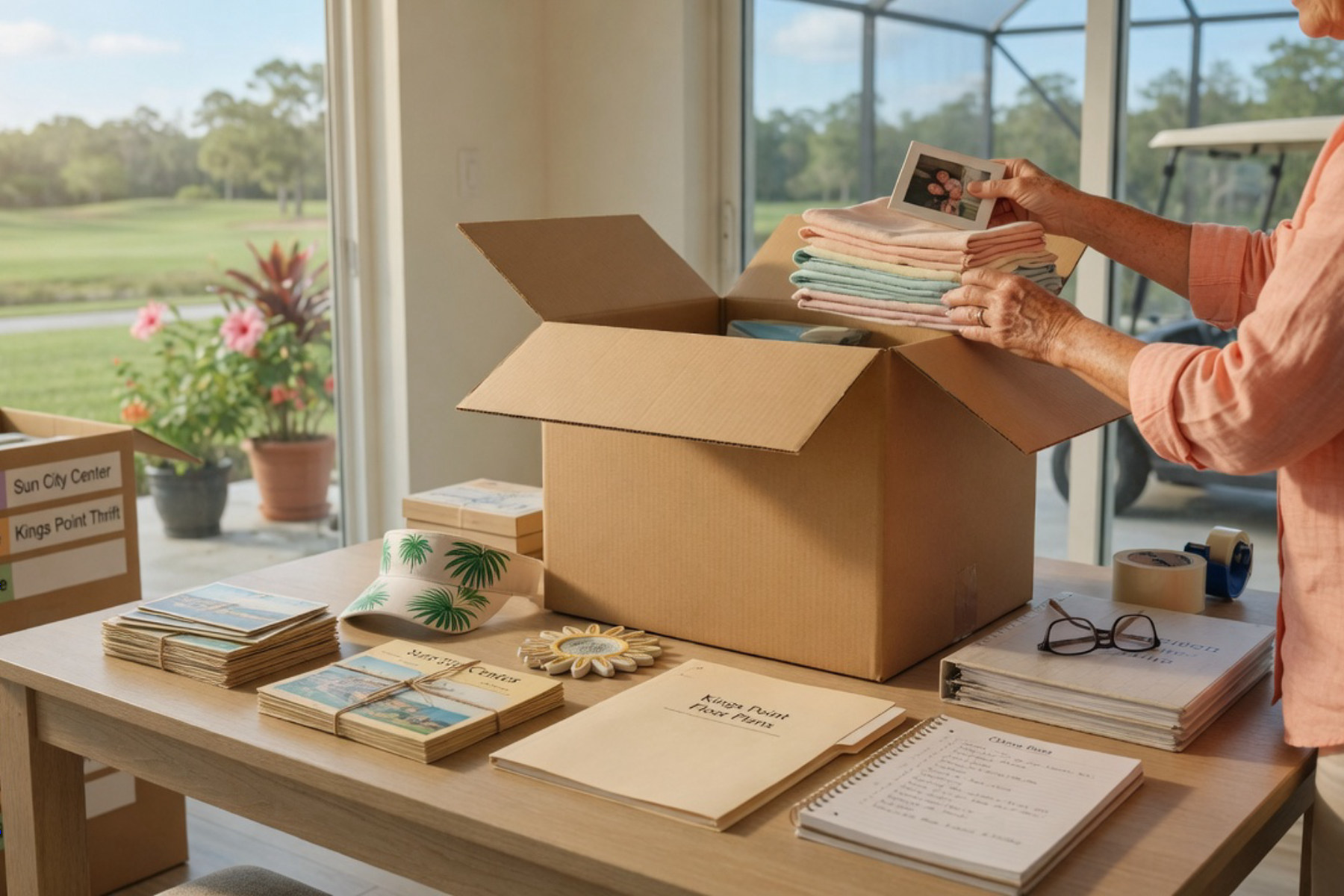 A mature woman sorts through boxes and belongings in a bright sunlit room during a downsizing project.