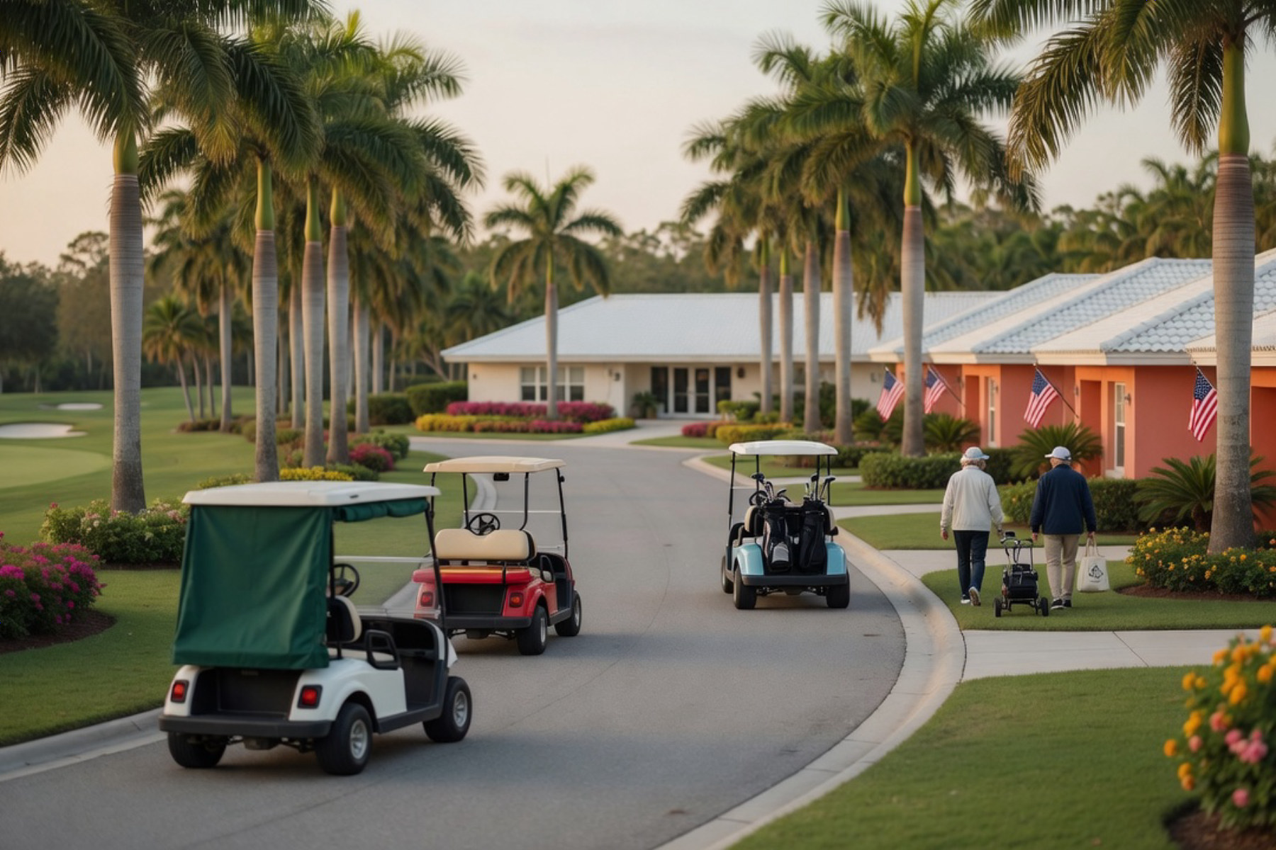 A group of active older adults enjoying outdoor recreation together in a sunny Florida community setting.