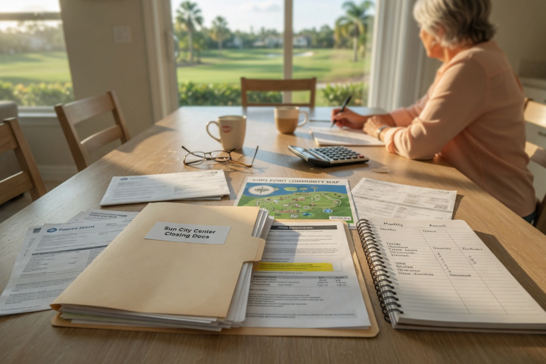 A woman reviews financial documents and a calculator on a bright wooden table with warm natural light.