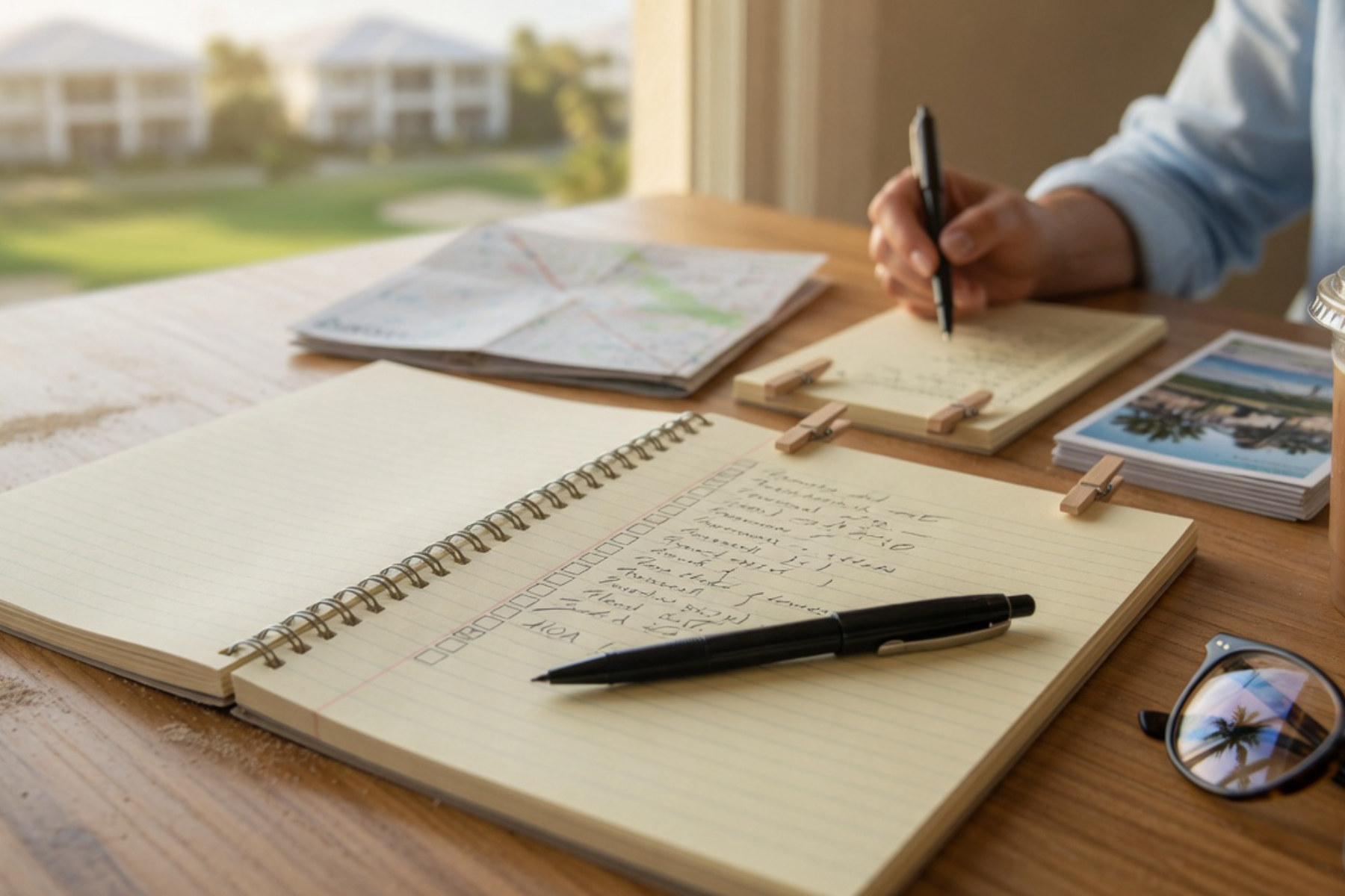 A checklist document with checkmarks lies on a wooden surface in warm natural light.