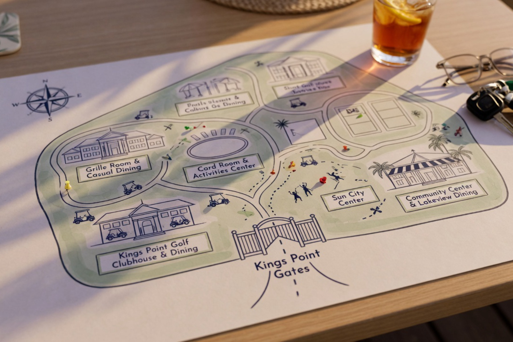 A hand-held map displays Kings Point amenities and nearby Sun City Center attractions with warm natural lighting.