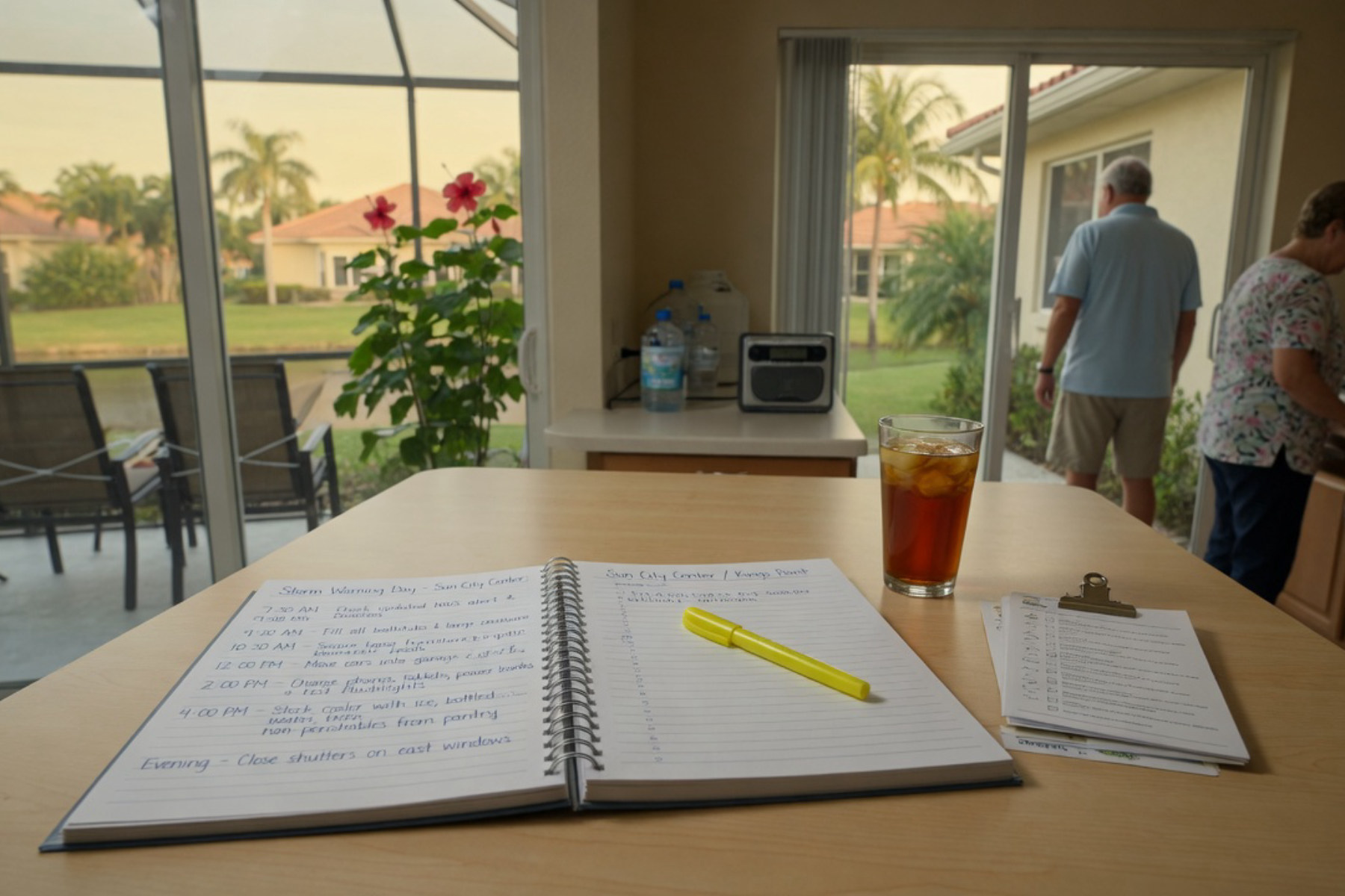 A resident reviews an organized emergency preparedness binder and supplies in bright natural light.
