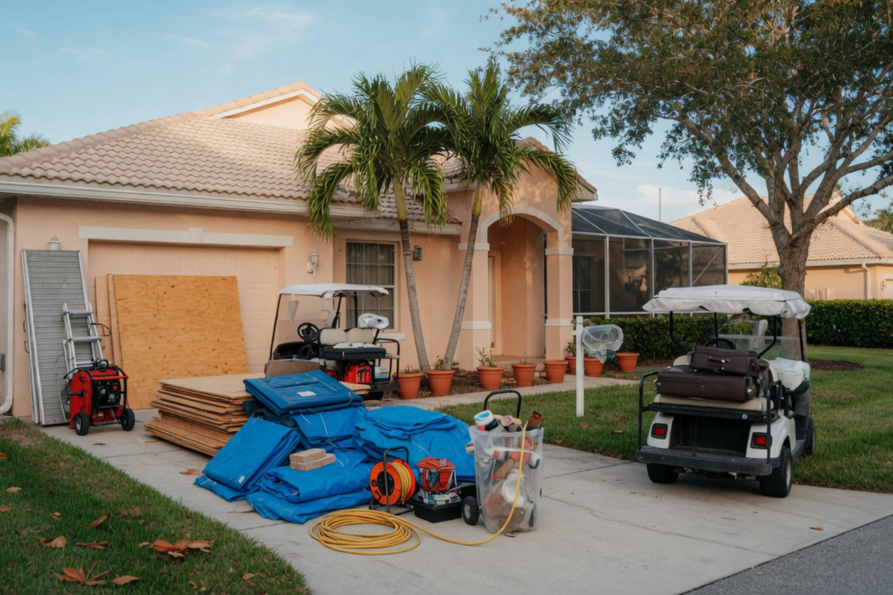 A homeowner secures exterior shutters on a Florida house under bright sunny skies before leaving for the season.