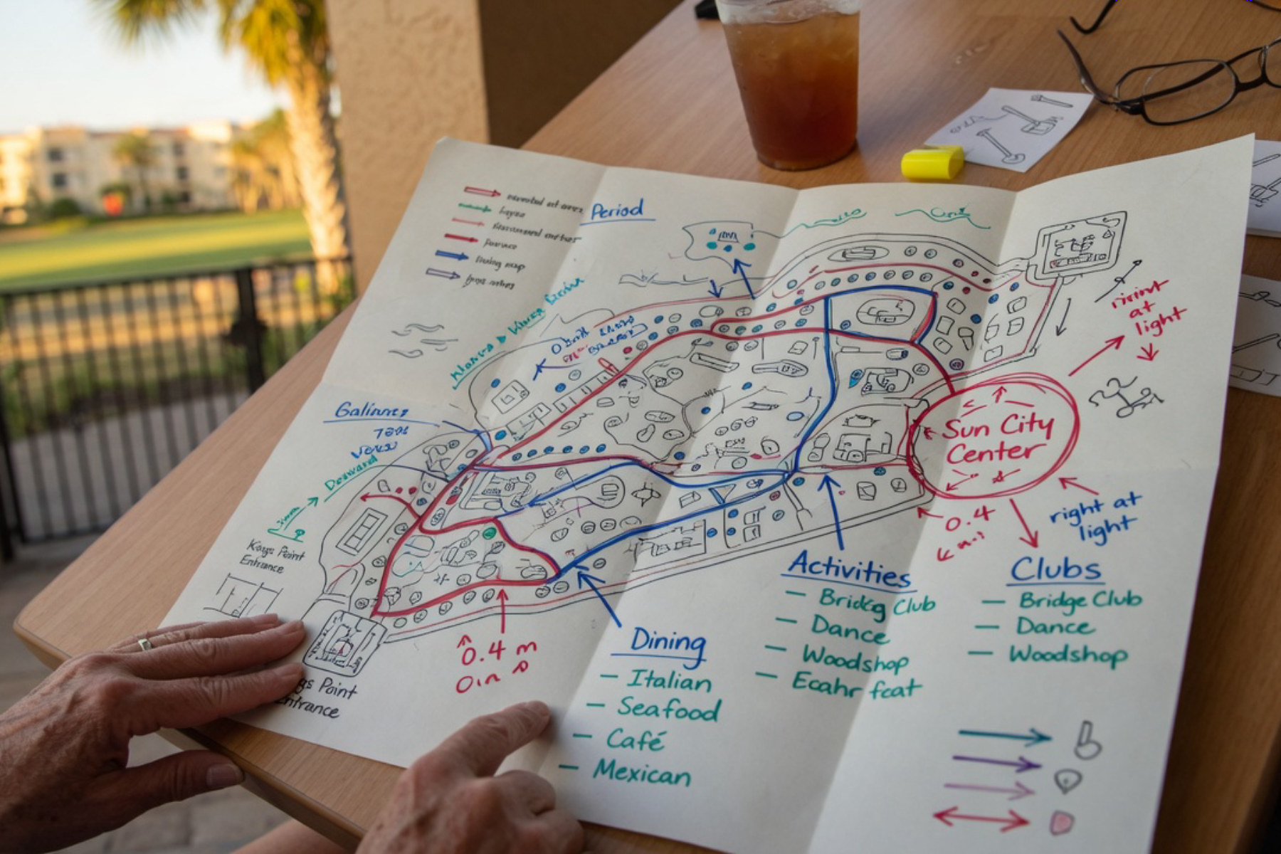 A resident's hand points to locations on a map marking nearby dining and activity options around Kings Point in Sun City Center.