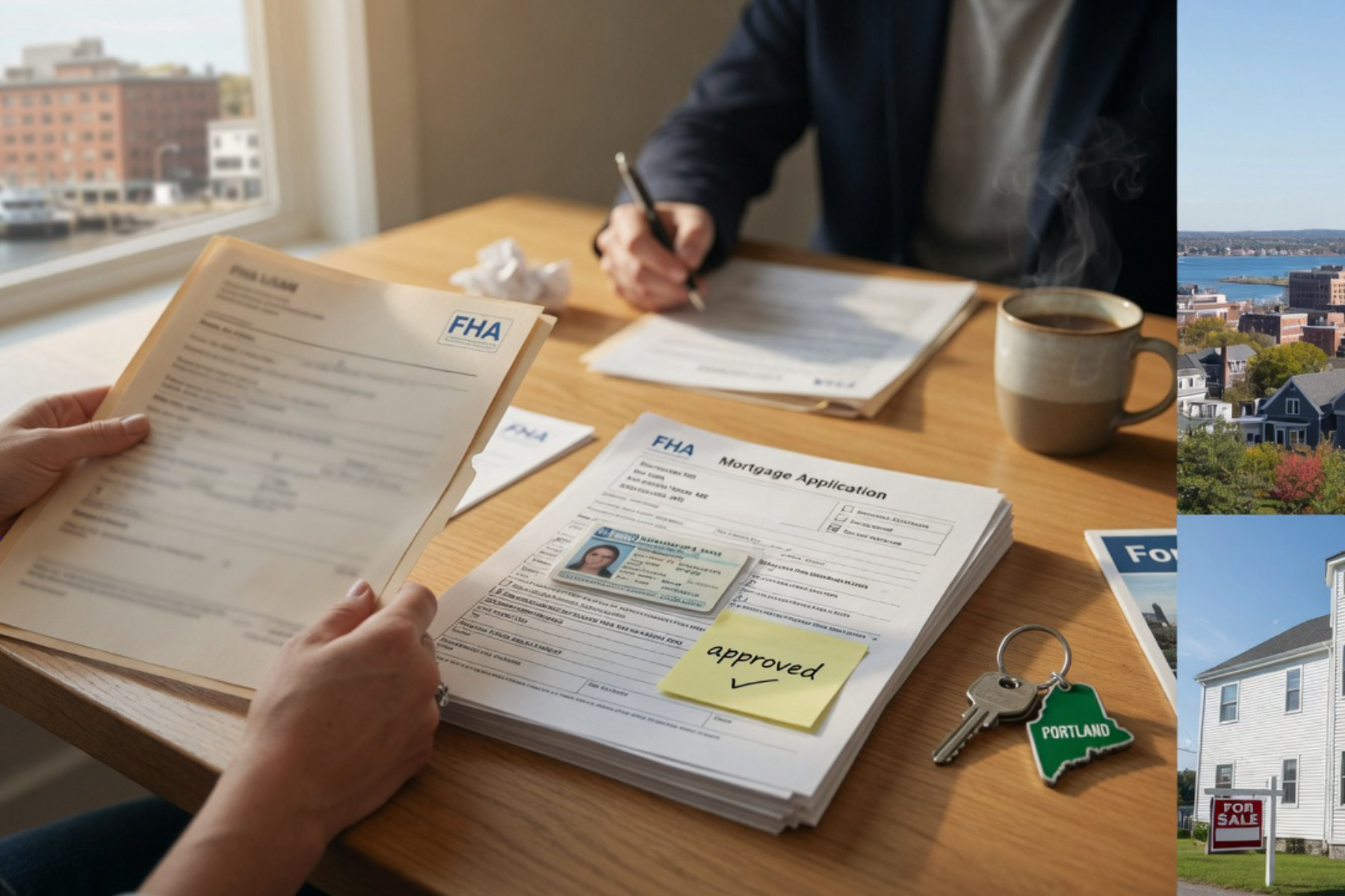 A person reviews mortgage documents at a wooden desk bathed in warm natural light with a laptop and coffee cup nearby.