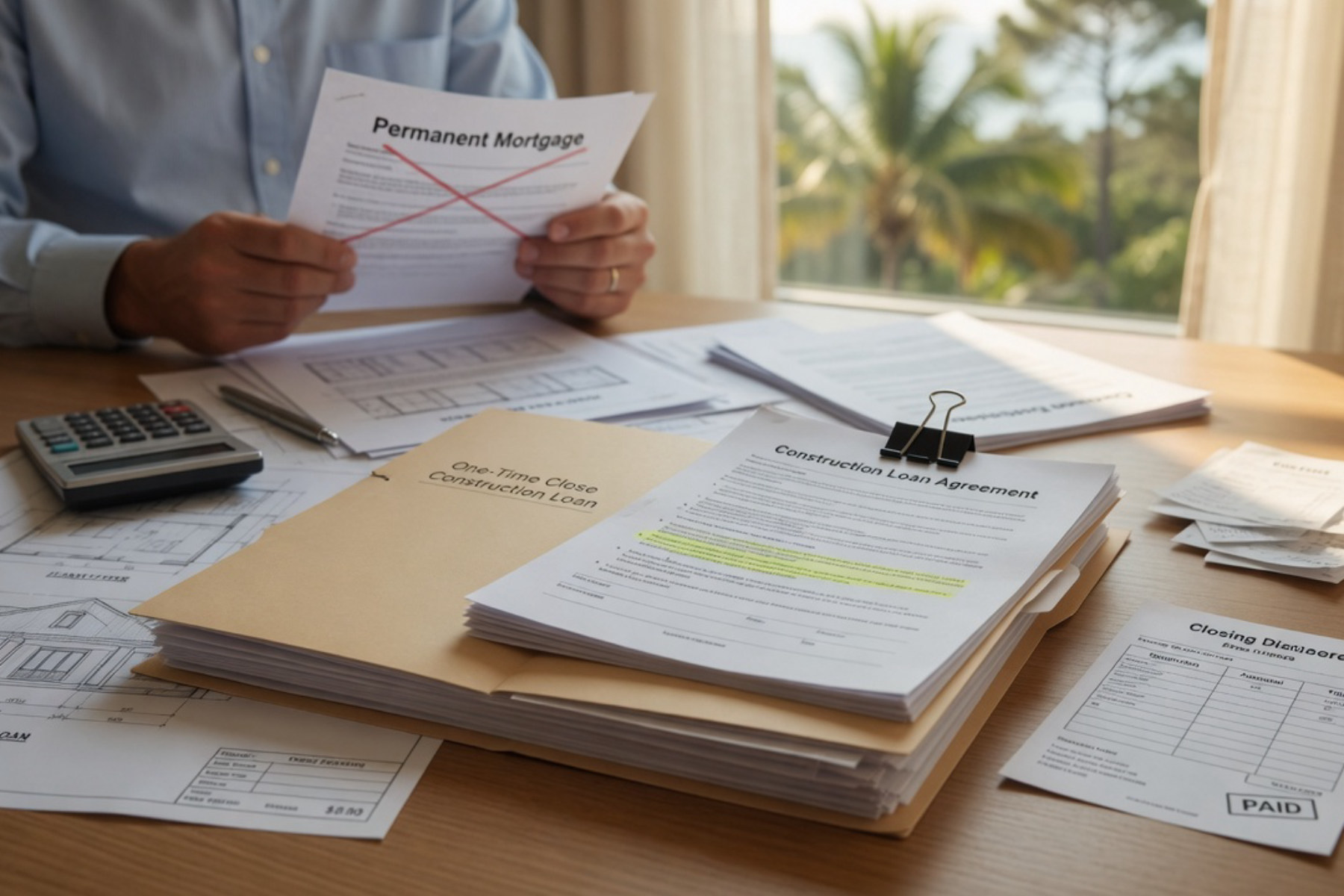 A person reviews construction loan documents at a wooden desk in natural light.