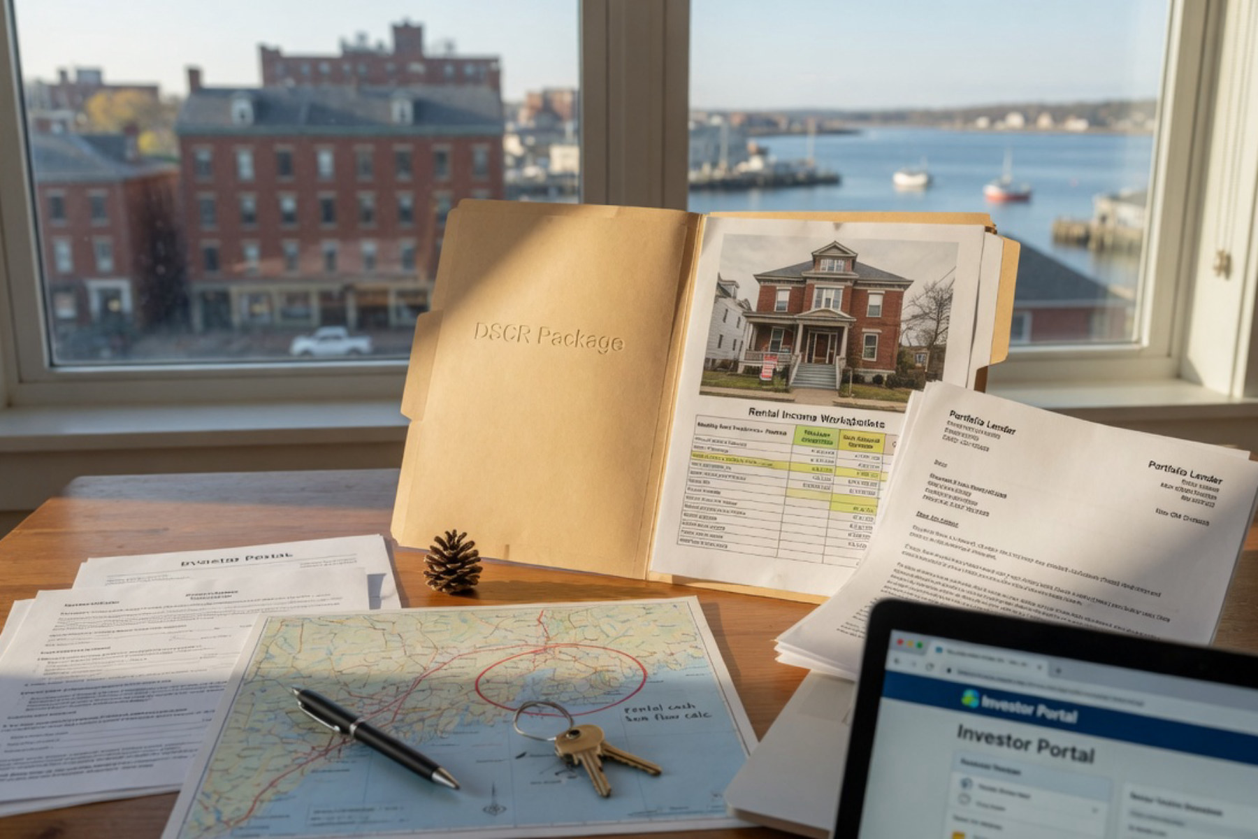 A person reviews financial documents on a wooden desk with a laptop and coffee cup in warm natural light.