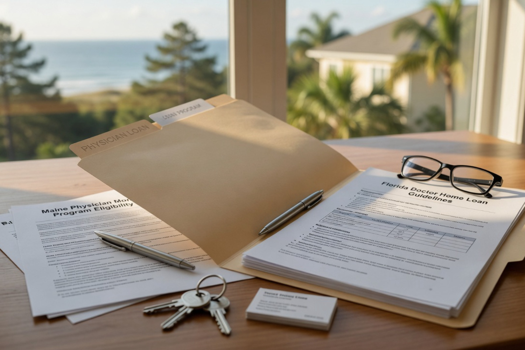 A doctor in professional attire reviews financial documents at a desk bathed in warm natural light.