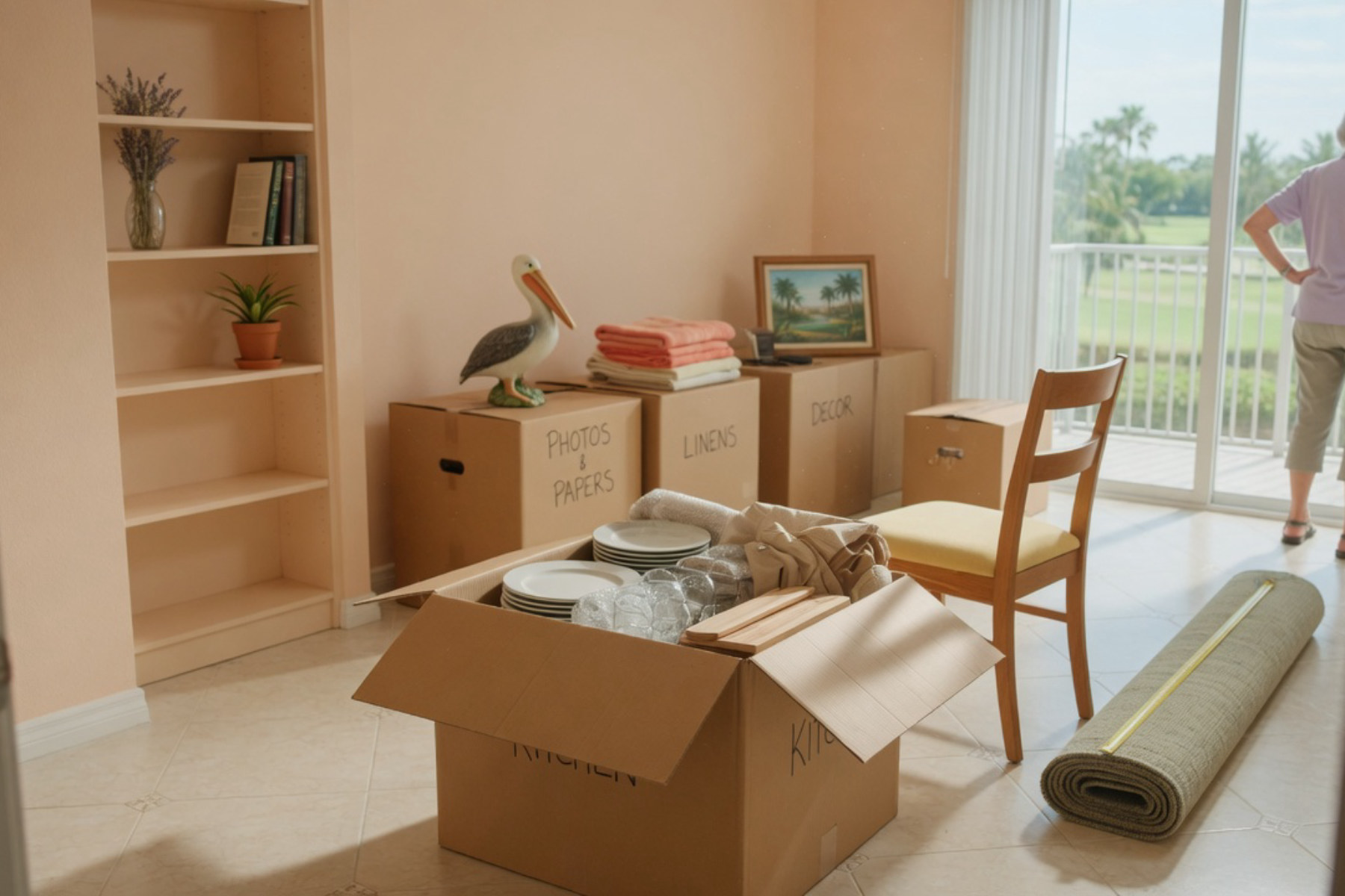 A woman stands in a bright living room surrounded by cardboard moving boxes and furniture deciding what to keep for her smaller home.