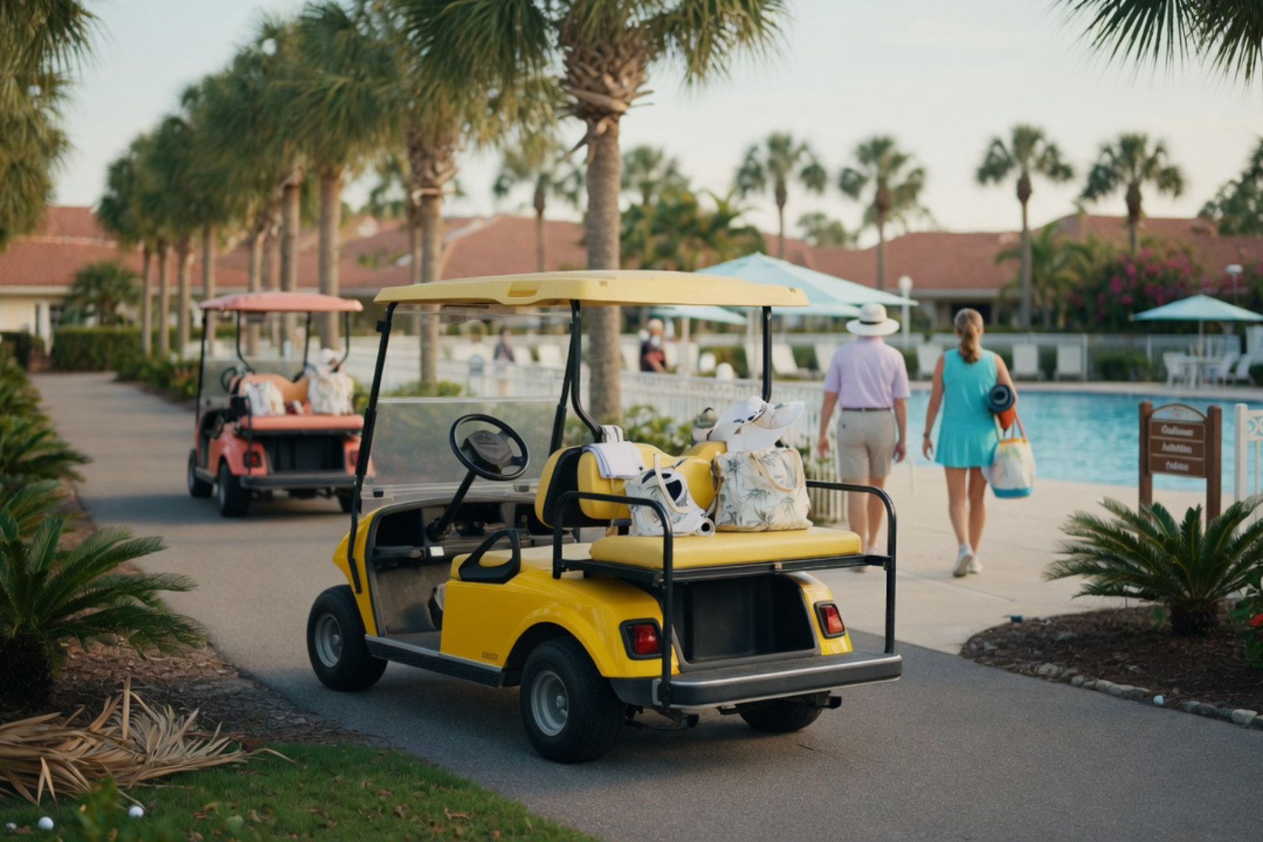 Two residents chat while sitting in golf carts under palm trees in a sunny Florida residential community.