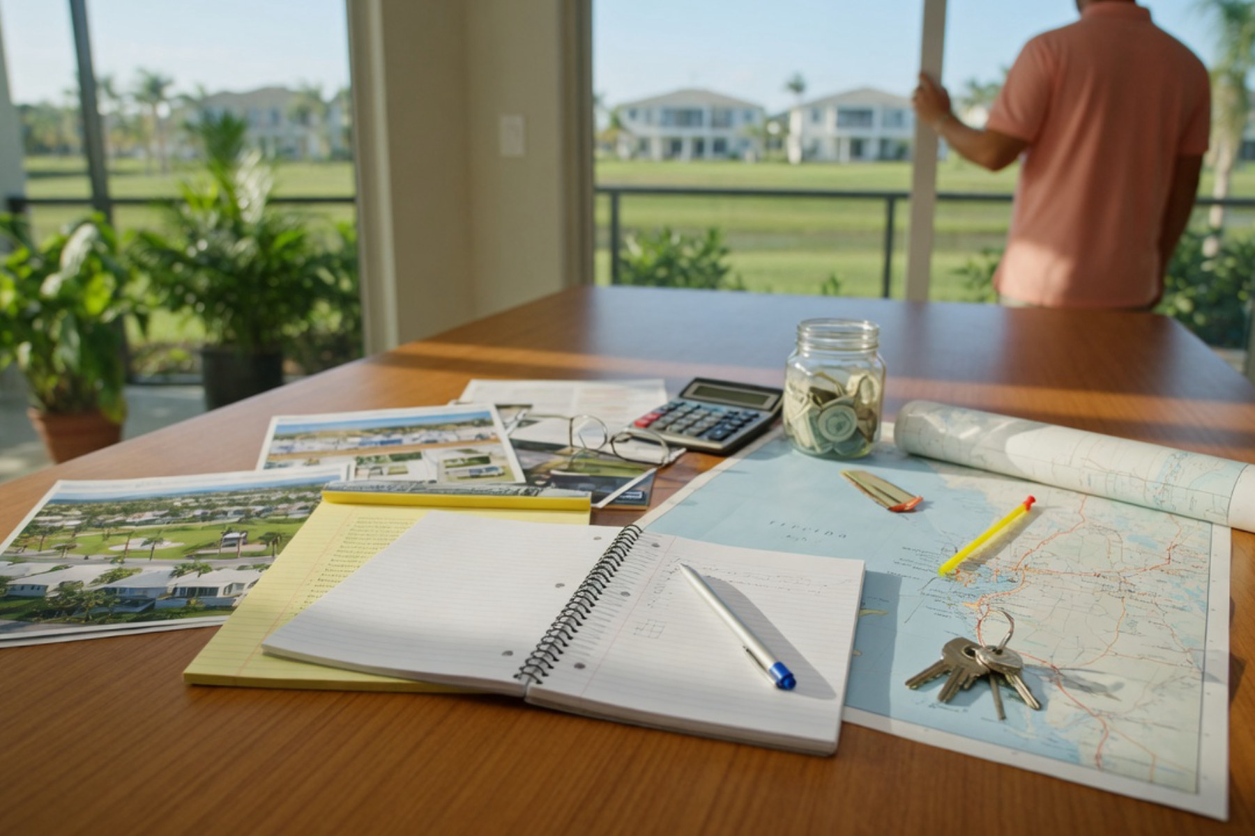 A mature couple walks hand in hand through a bright Florida community with palm trees and modern homes in warm natural light.