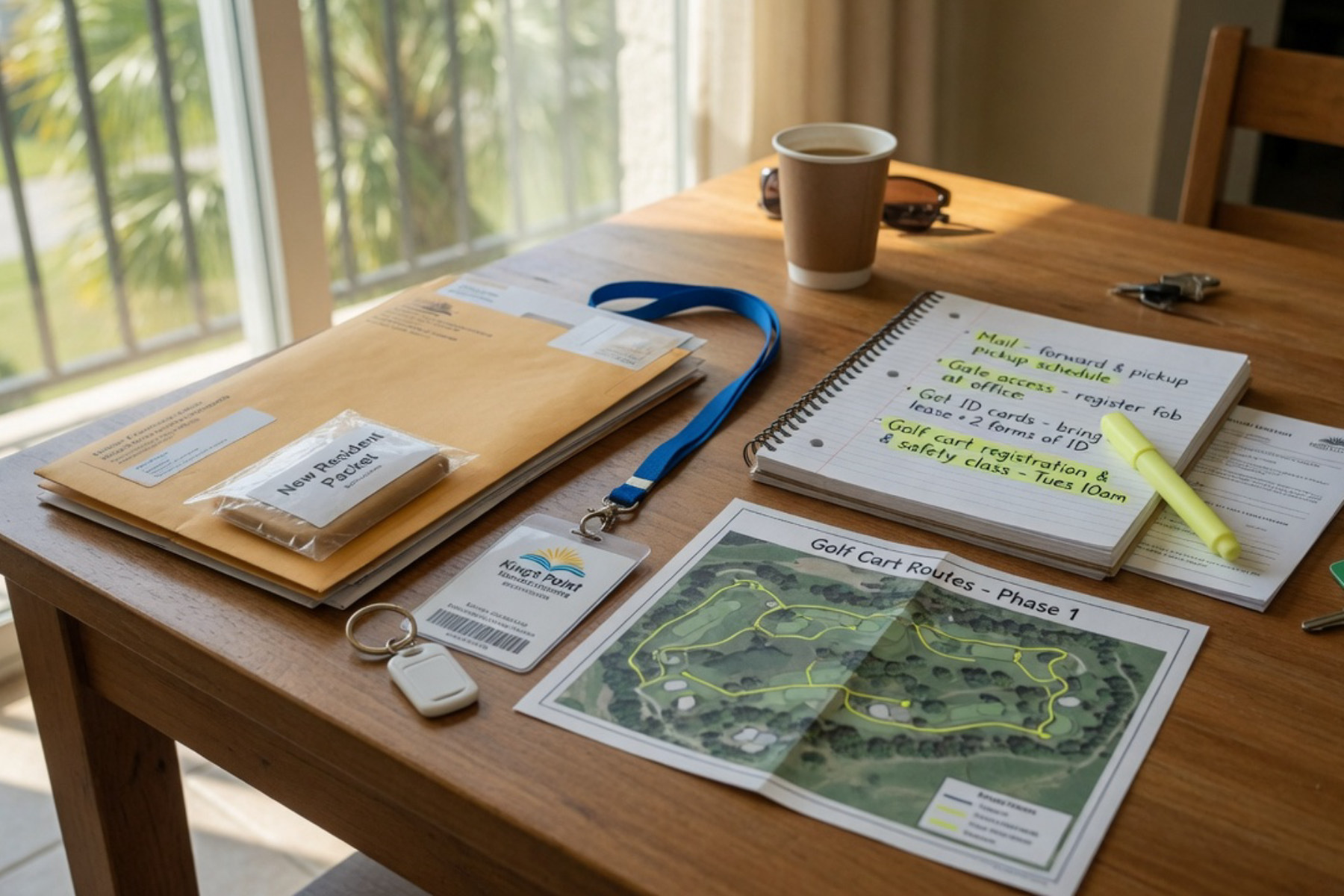 A resident's checklist showing mail setup and community documents arranged on a bright wooden table in natural sunlight.