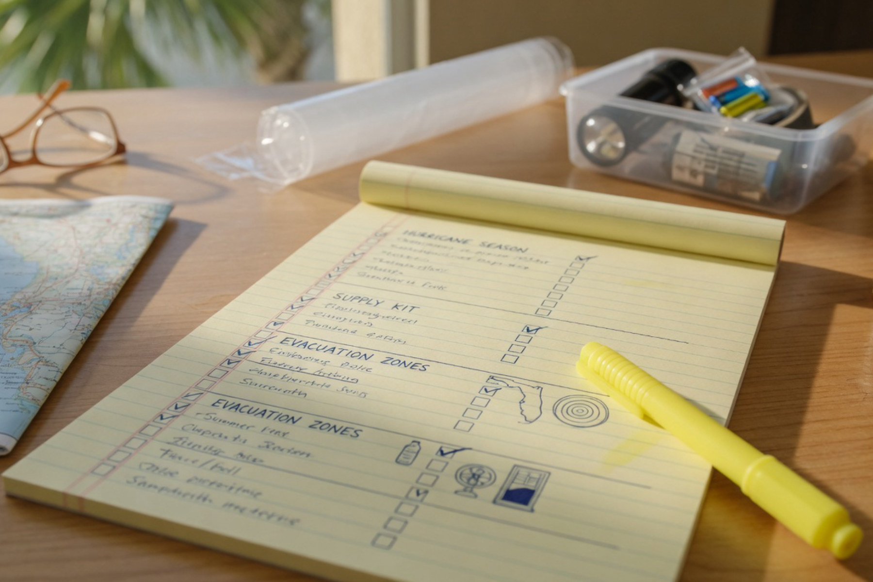 A checklist document displayed against a warm natural background with hurricane preparedness items organized in sections.