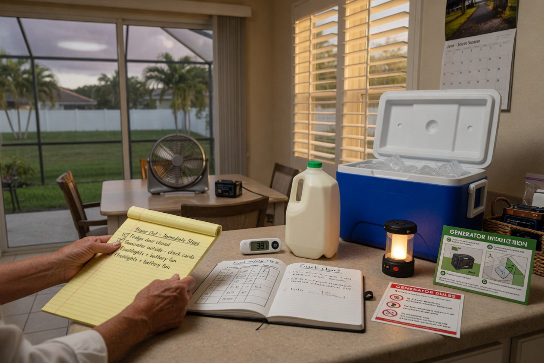 A person reviews an organized binder with emergency supplies and a flashlight on a kitchen counter during daylight.