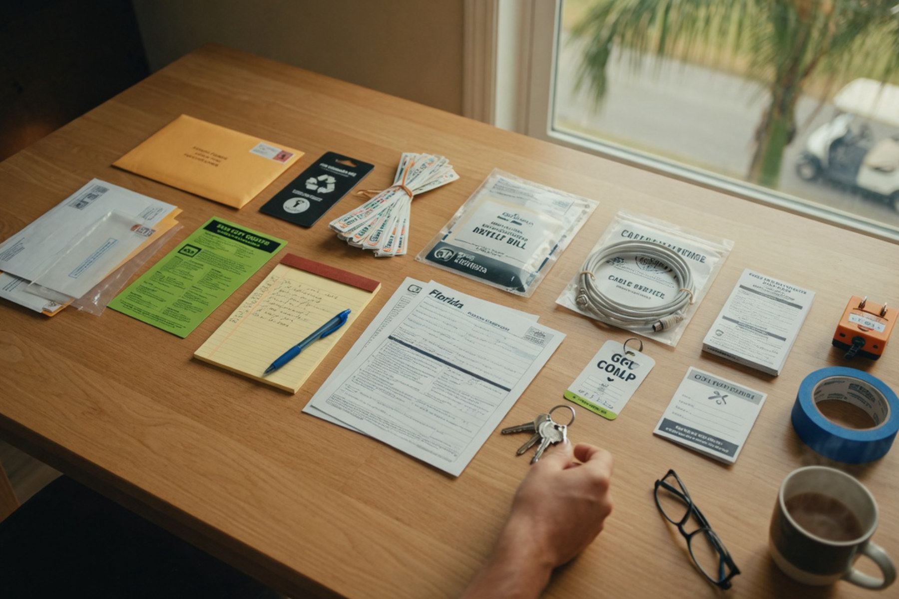 A checklist with items for new residents is displayed on a wooden desk in natural sunlight.