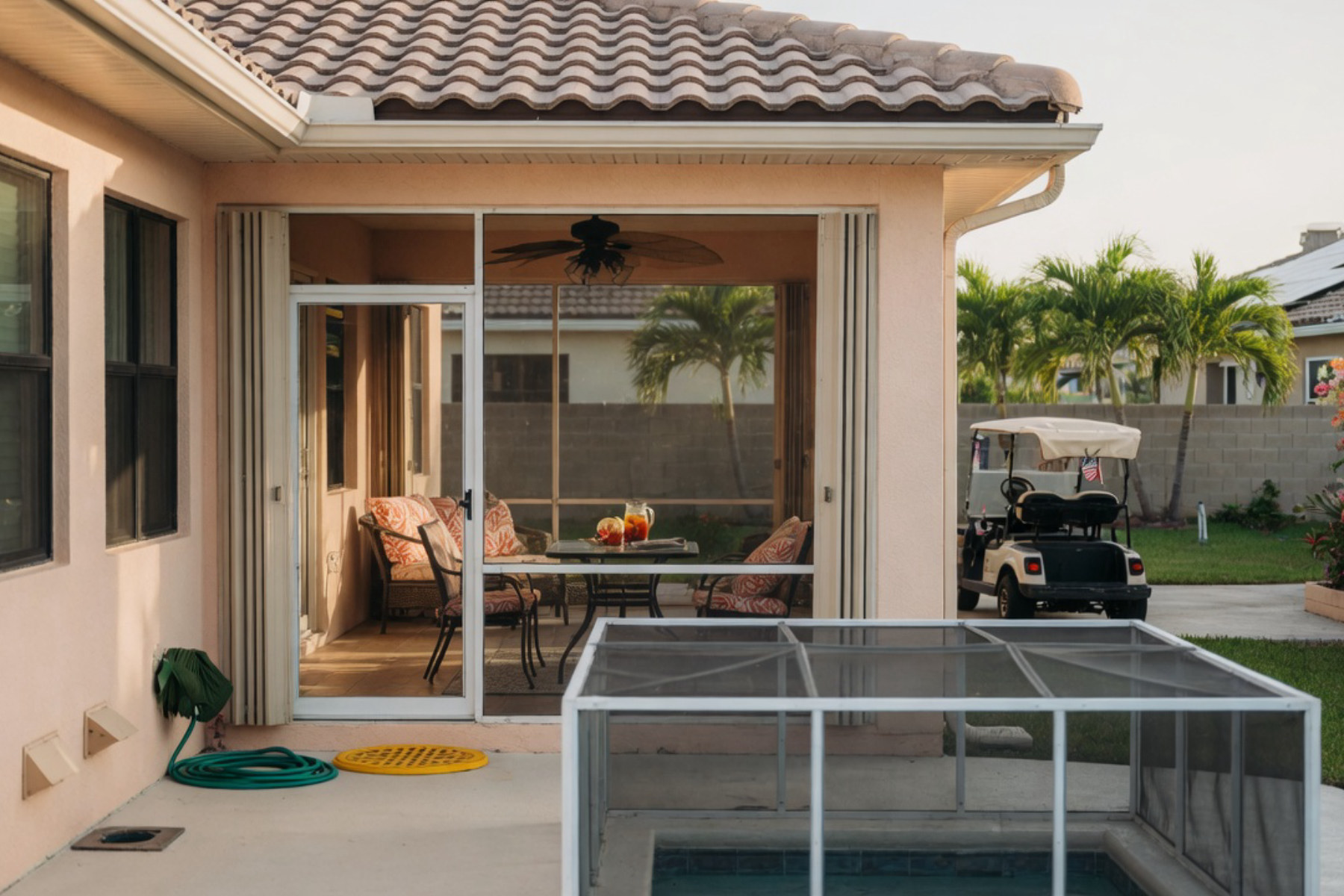 A sunlit Florida home with protective shutters and modern weatherproofing features designed for seasonal storms and heat.