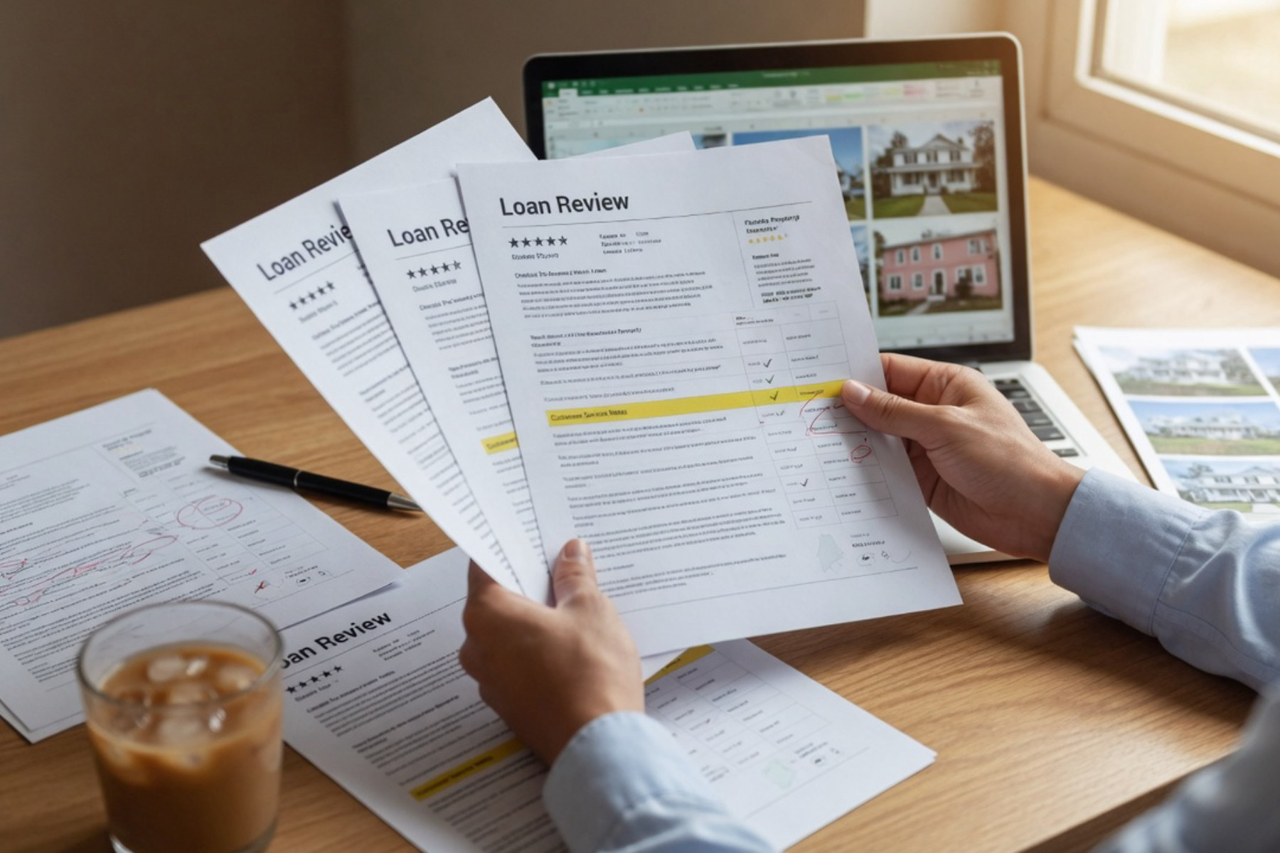 A person reviews financial documents at a desk bathed in warm natural light.