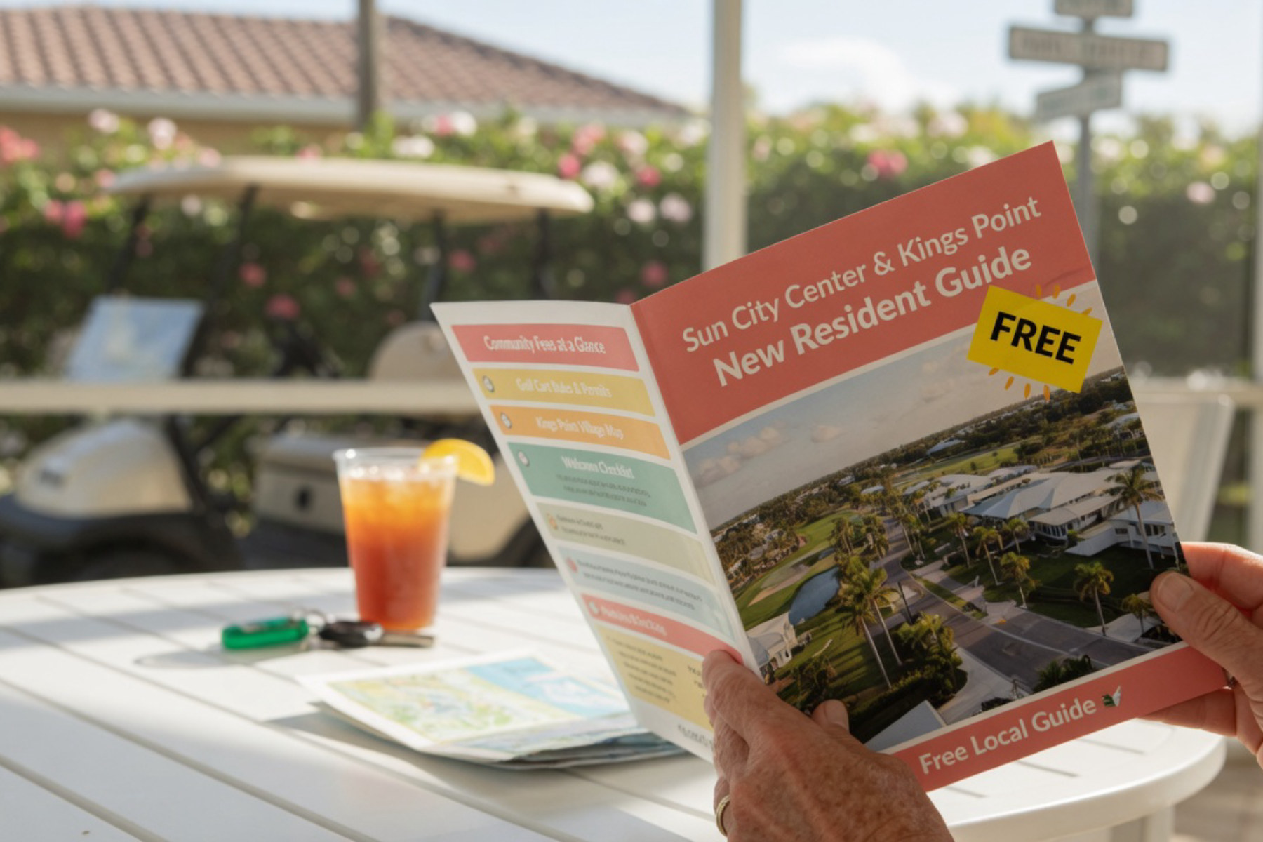 A colorful local community guide booklet lies open on a wooden surface in warm natural light.