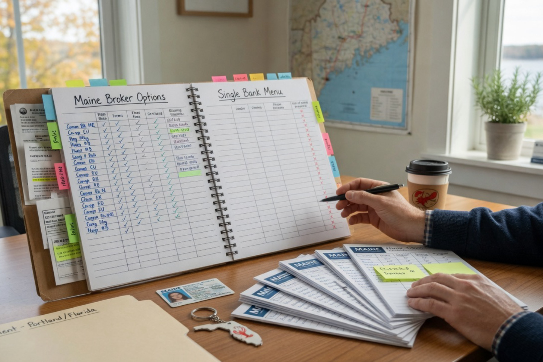 A mortgage broker reviews loan documents and comparison papers at a desk with warm natural lighting.