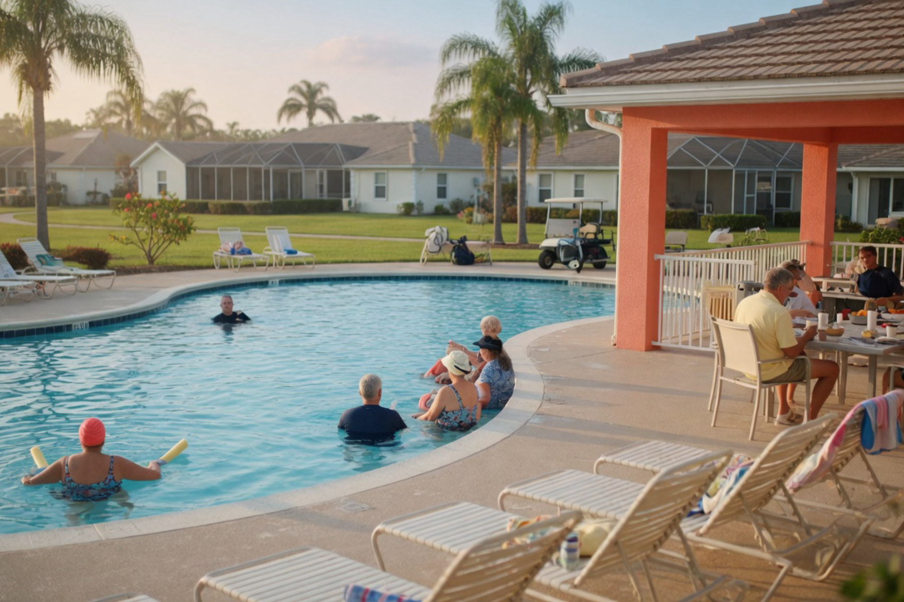 A woman in a colorful swimsuit stands in a bright resort pool surrounded by palm trees and sunny Florida skies.