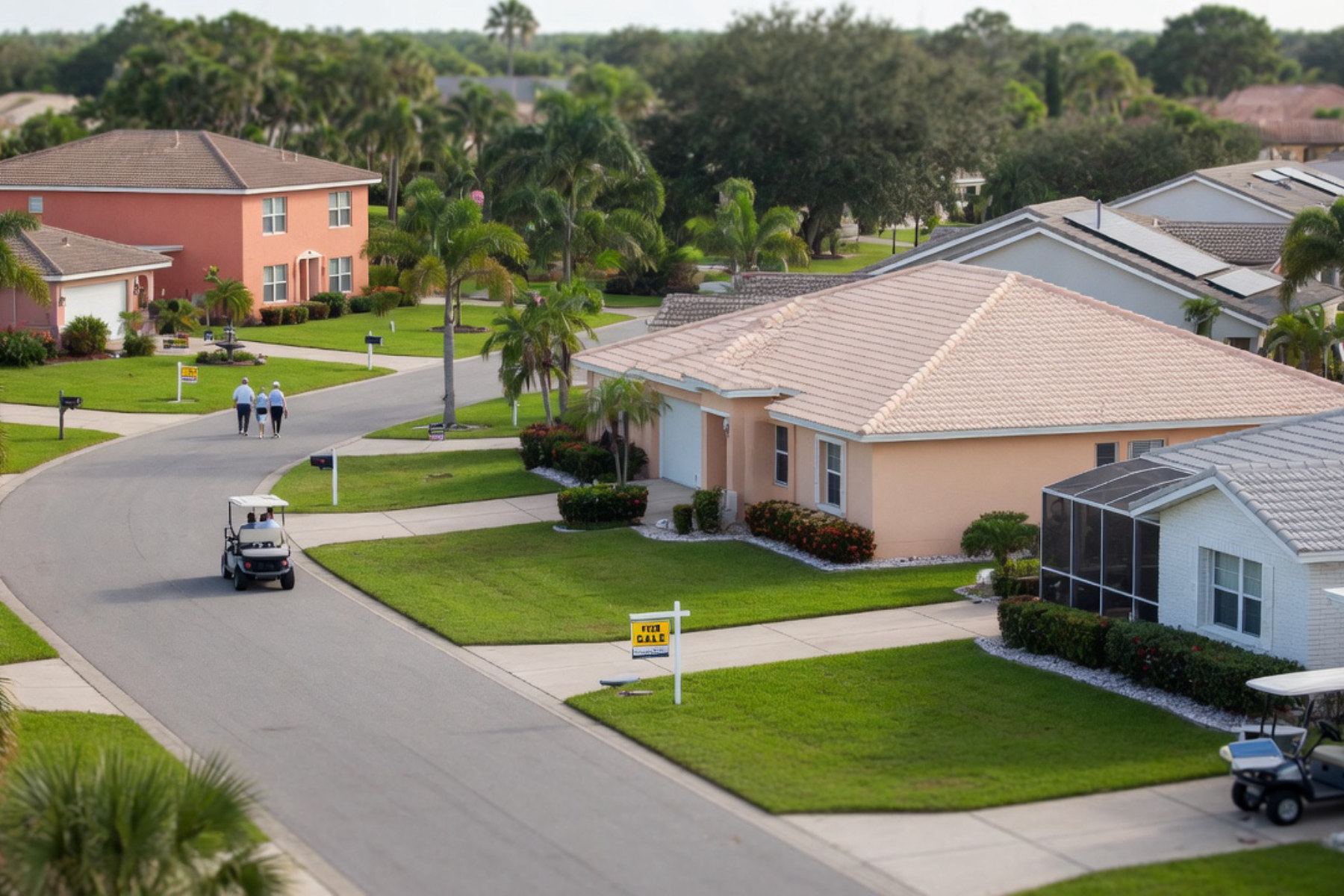 A sunlit residential street in Sun City Center lined with single-story homes and mature landscaping.