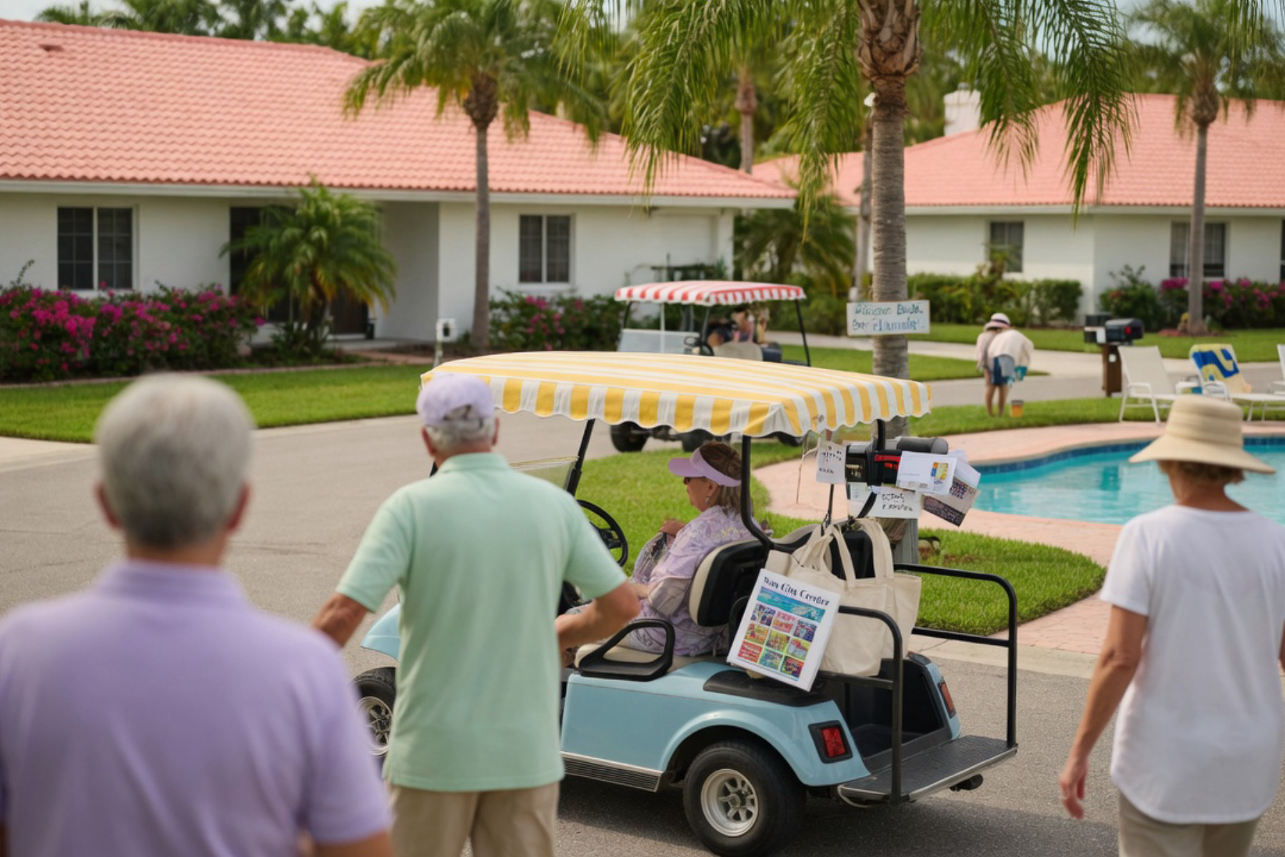 Two residents chat while sitting in golf carts in a sunny residential neighborhood.