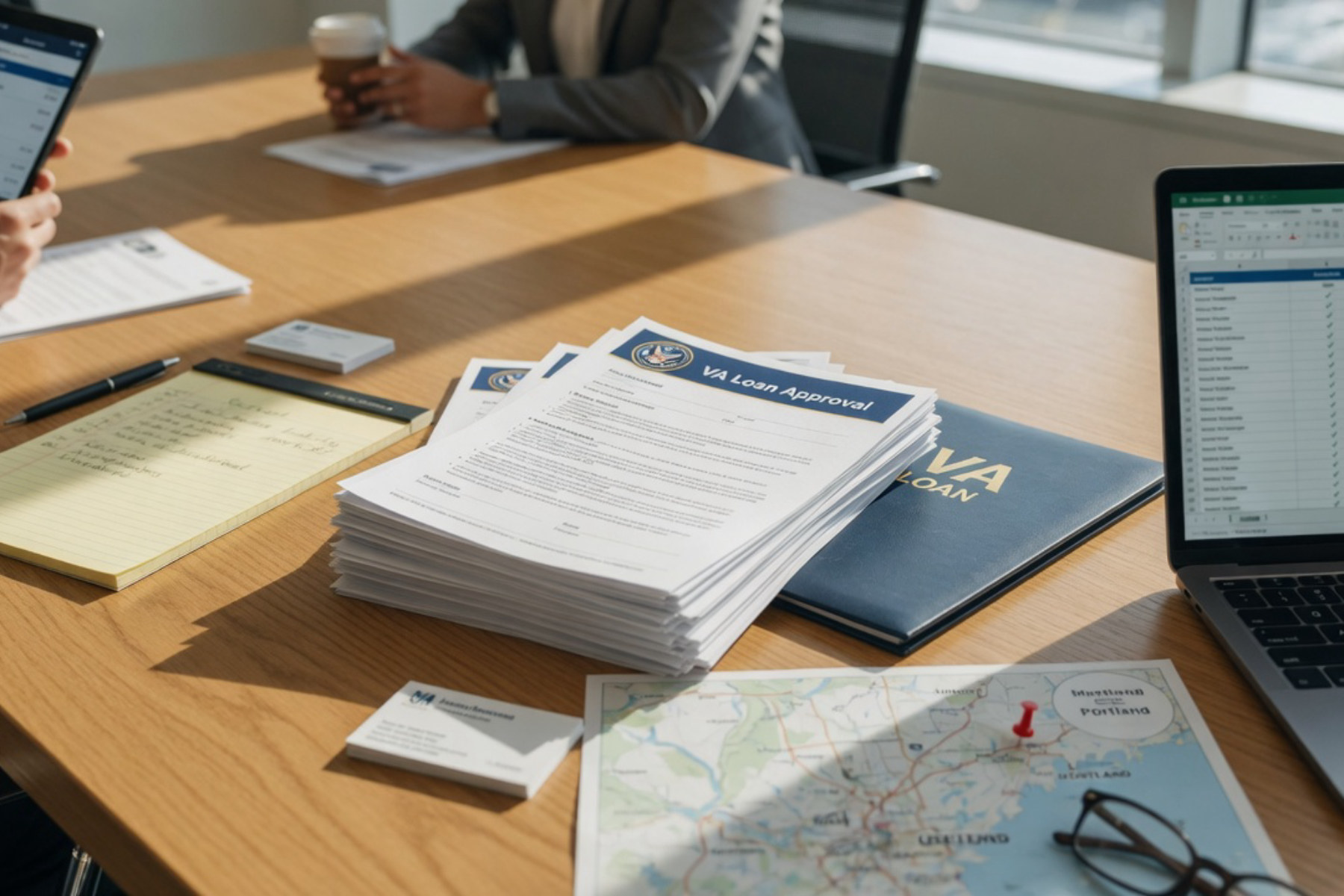 A woman reviews financial documents at a desk with a laptop and coffee cup in natural daylight.