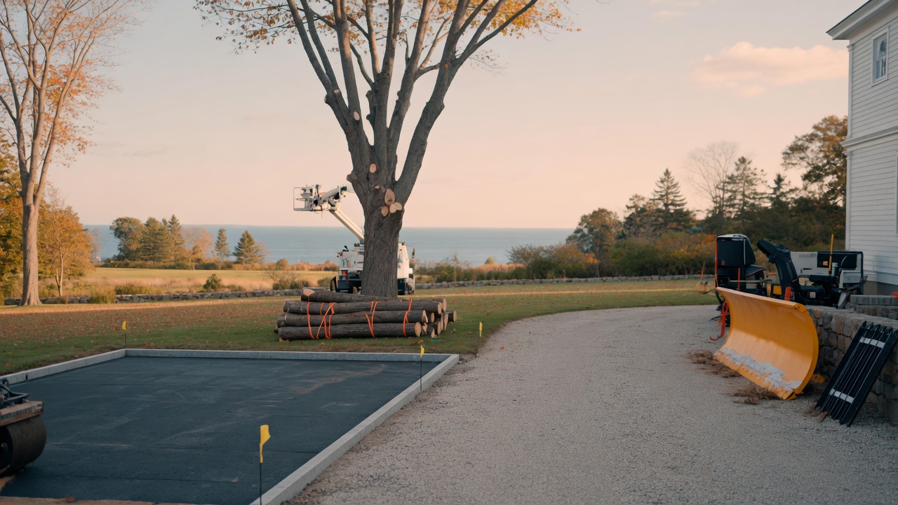 Bucket truck and stacked logs beside a freshly paved parking pad on a coastal York, Maine property