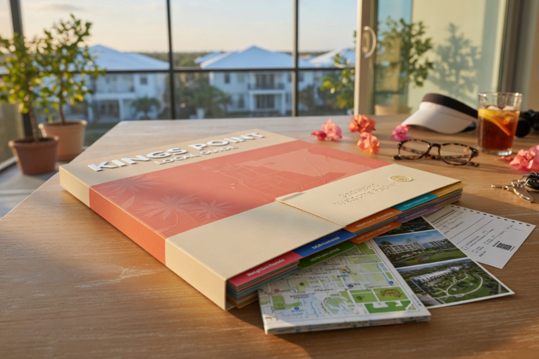 A printed informational brochure about Kings Point Florida lies open on a wooden surface in natural sunlight.