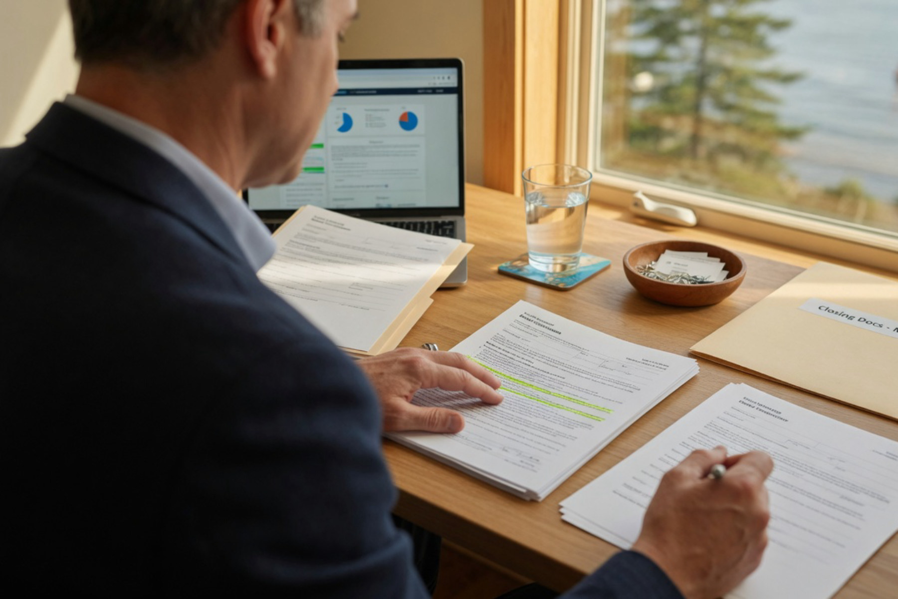 A person in professional attire reviews mortgage documents at a wooden desk illuminated by warm natural light.