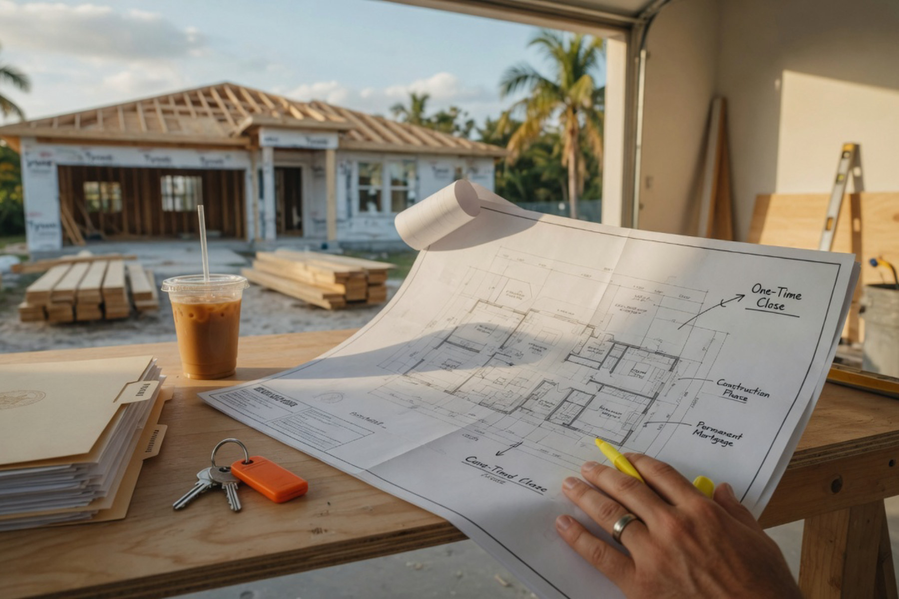 A modern home under construction with wooden framing and bright natural light streaming through openings.
