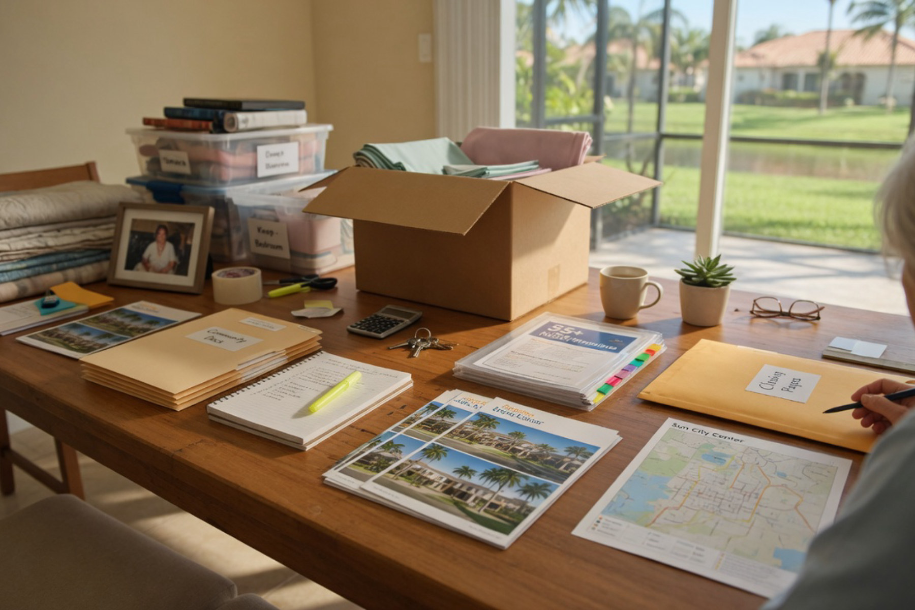 A couple walks together through a bright sunlit room while reviewing moving boxes and household items prepared for relocation.