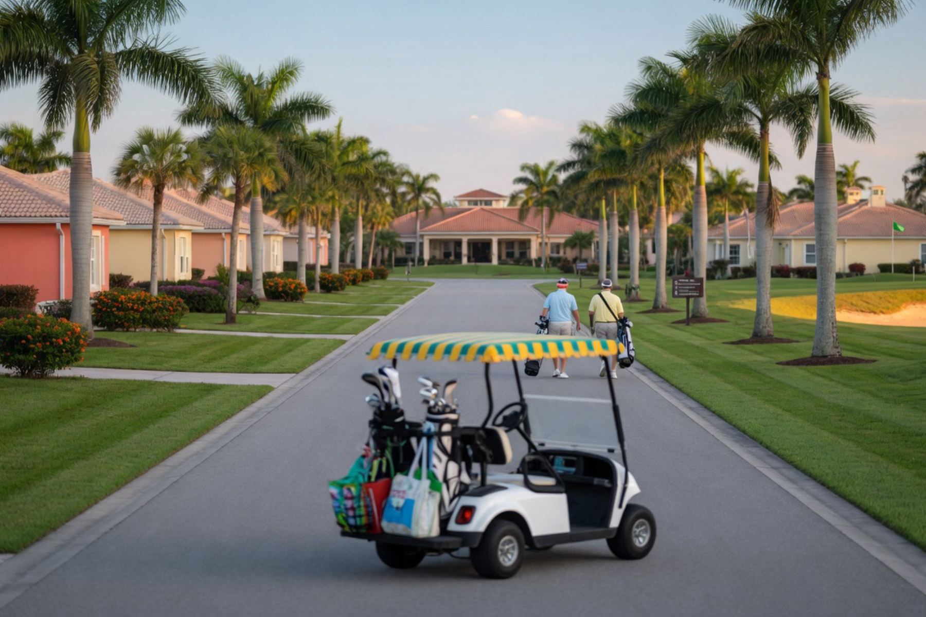 Active seniors enjoying outdoor recreation and leisure activities in a bright Florida community setting.